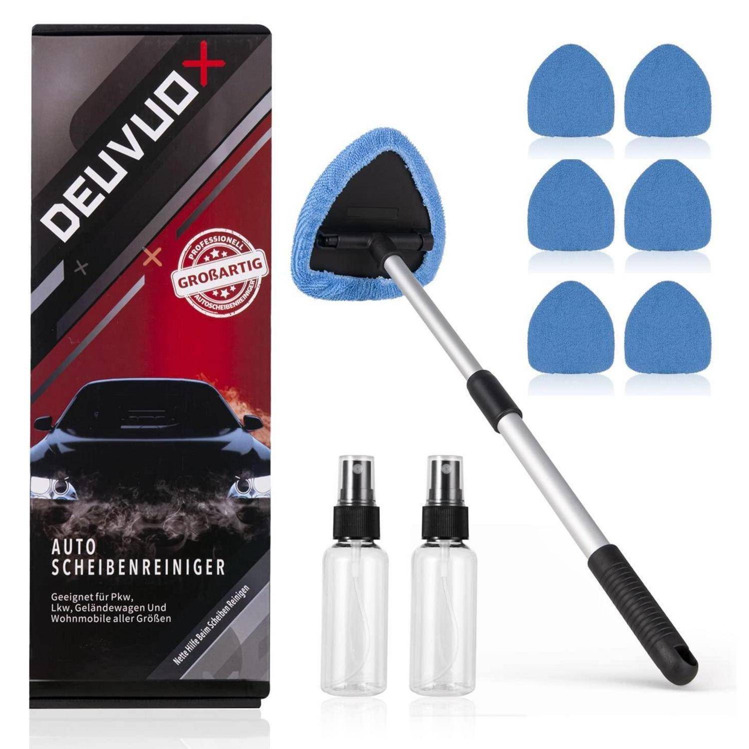 Autoscheiben-Reinigungsset mit ausziehbarem Griff, blauen Mikrofaser-Pad-Ersatzteilen, zwei Sprühflaschen und Produktverpackung mit der Bezeichnung 'Auto Scheibenreiniger'.