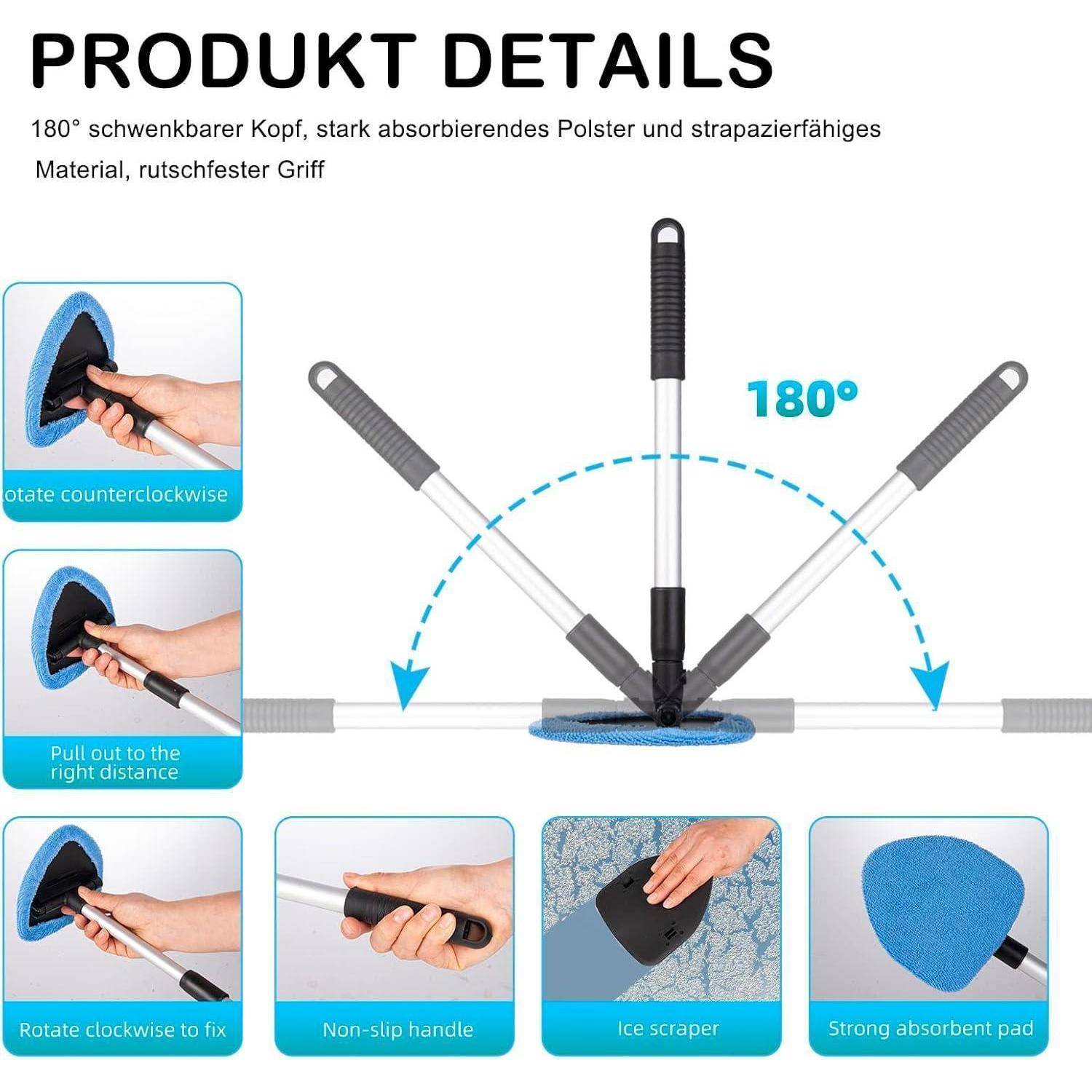 Produktdetail-Diagramm eines um 180° schwenkbaren Mopp-Kopfes mit Absorptionspad und rutschfestem Griff, das Rotation, Erweiterung und Verwendung des Eiskratzers zeigt.