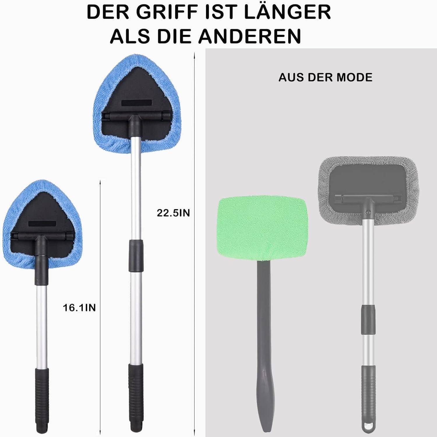 Vergleichsgrafik von Reinigungsbürsten, die eine mit längerem Griff als die anderen zeigt, beschriftet mit „DER GRIFF IST LÄNGER ALS DIE ANDEREN