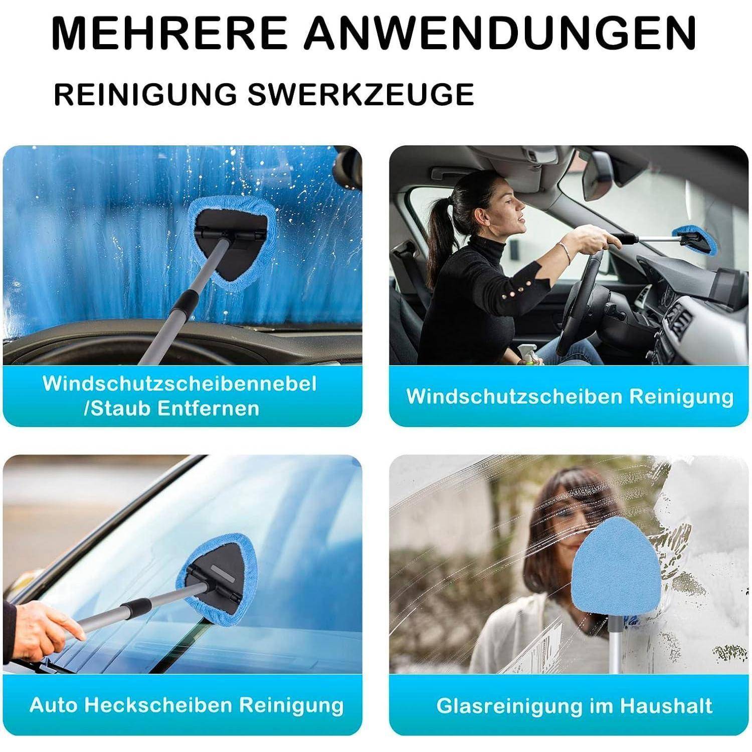 Deutsches Werbebild, das ein Reinigungswerkzeug zeigt, das zur Entfernung von Windschutzscheiben-Beschlag und Staub, Autoscheiben-Reinigung, Heckscheiben-Reinigung und Reinigung von Haushaltsglas verwendet wird.
