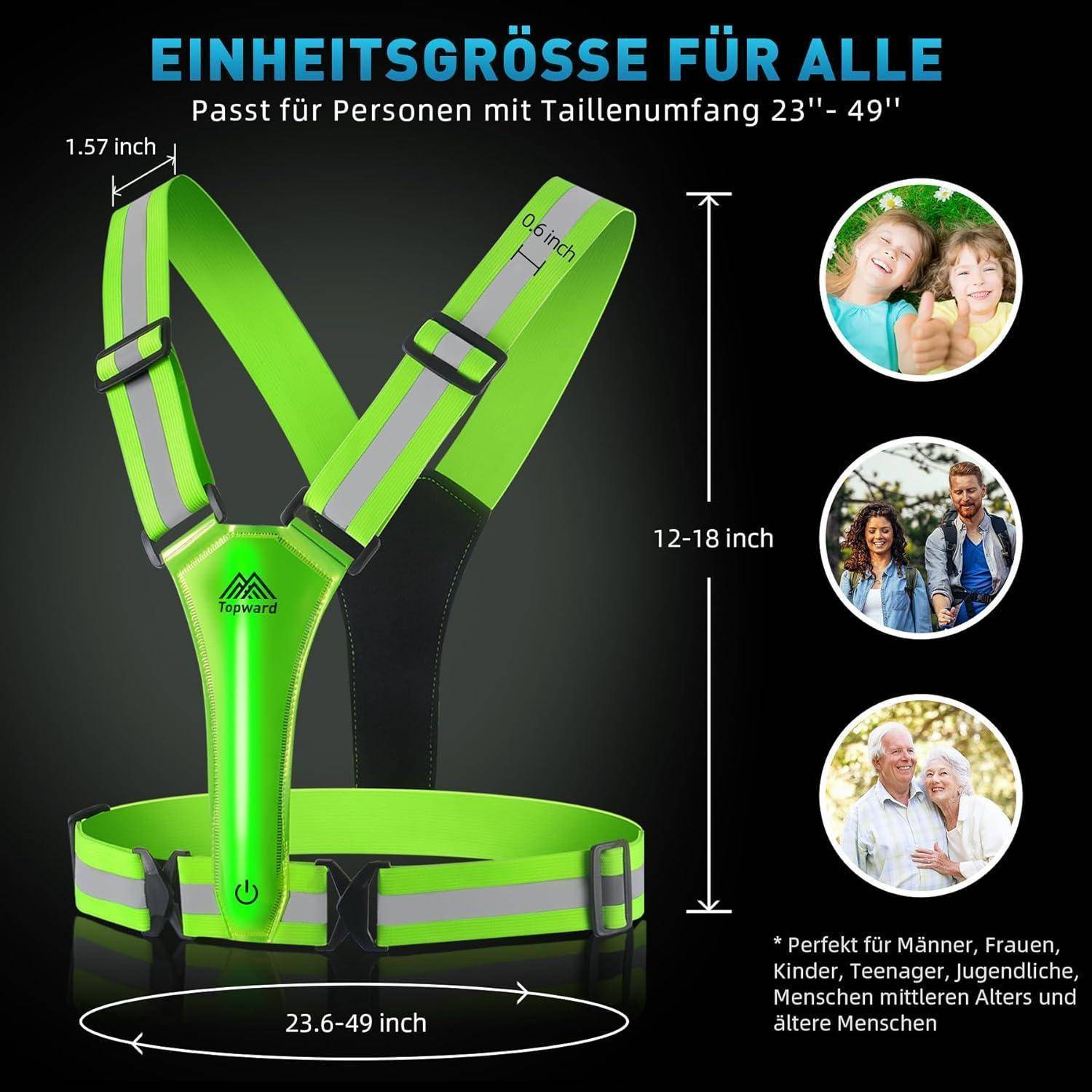 Grünes verstellbares reflektierendes Brustgeschirr mit Größenangaben: passt für 23,6–49 Zoll Taillenumfang, 12–18 Zoll Torso, 1,57 Zoll Riemenbreite; beinhaltet Personenicons und deutschen Text „Einheitsgröße für alle".