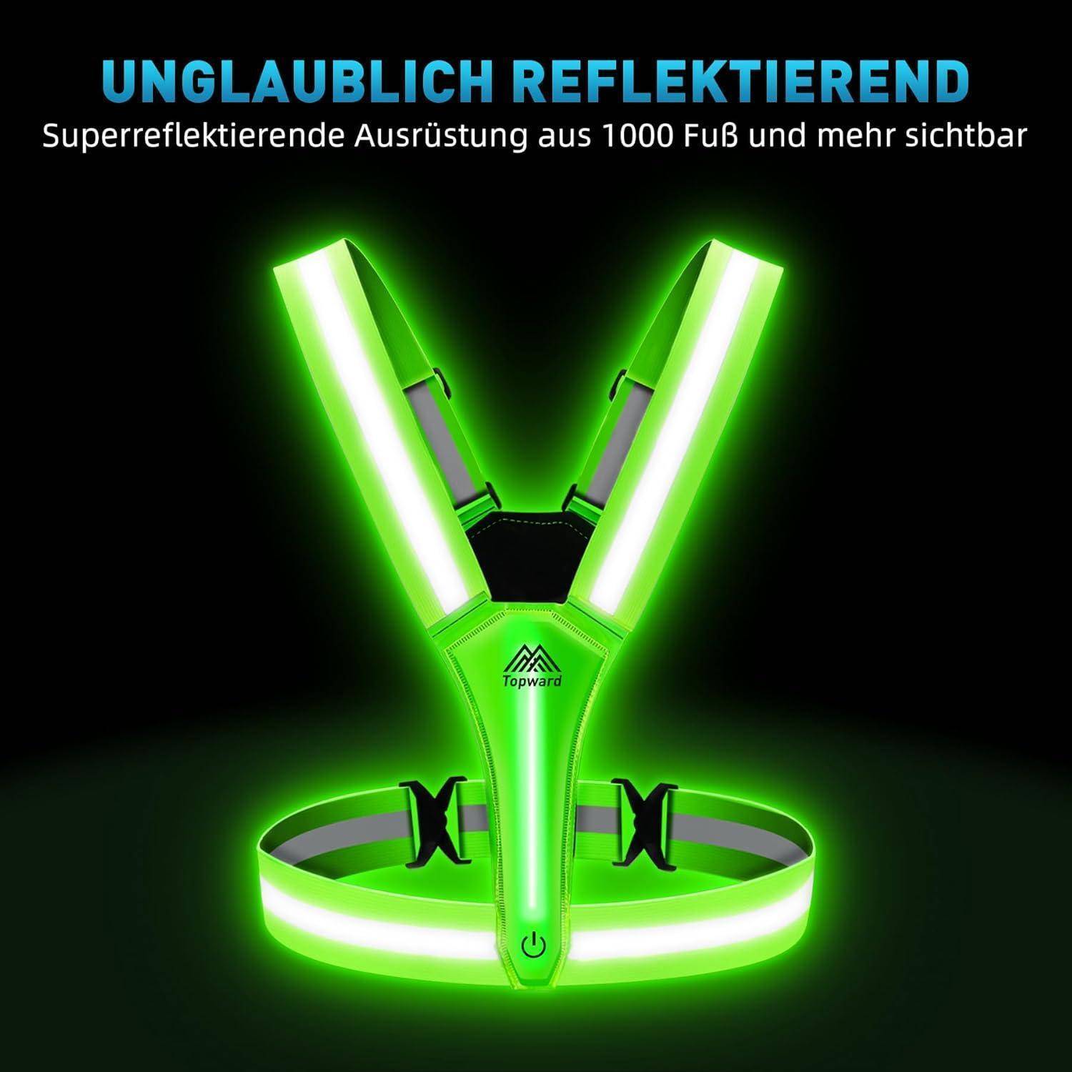 Leuchtend neongrüne reflektierende Sicherheitsweste mit Brust- und Taillenriemen, gekennzeichnet mit „UNGlaublich reflektierend" und „Superreflektierende Ausrüstung aus 1000 Fuß und mehr sichtbar"".