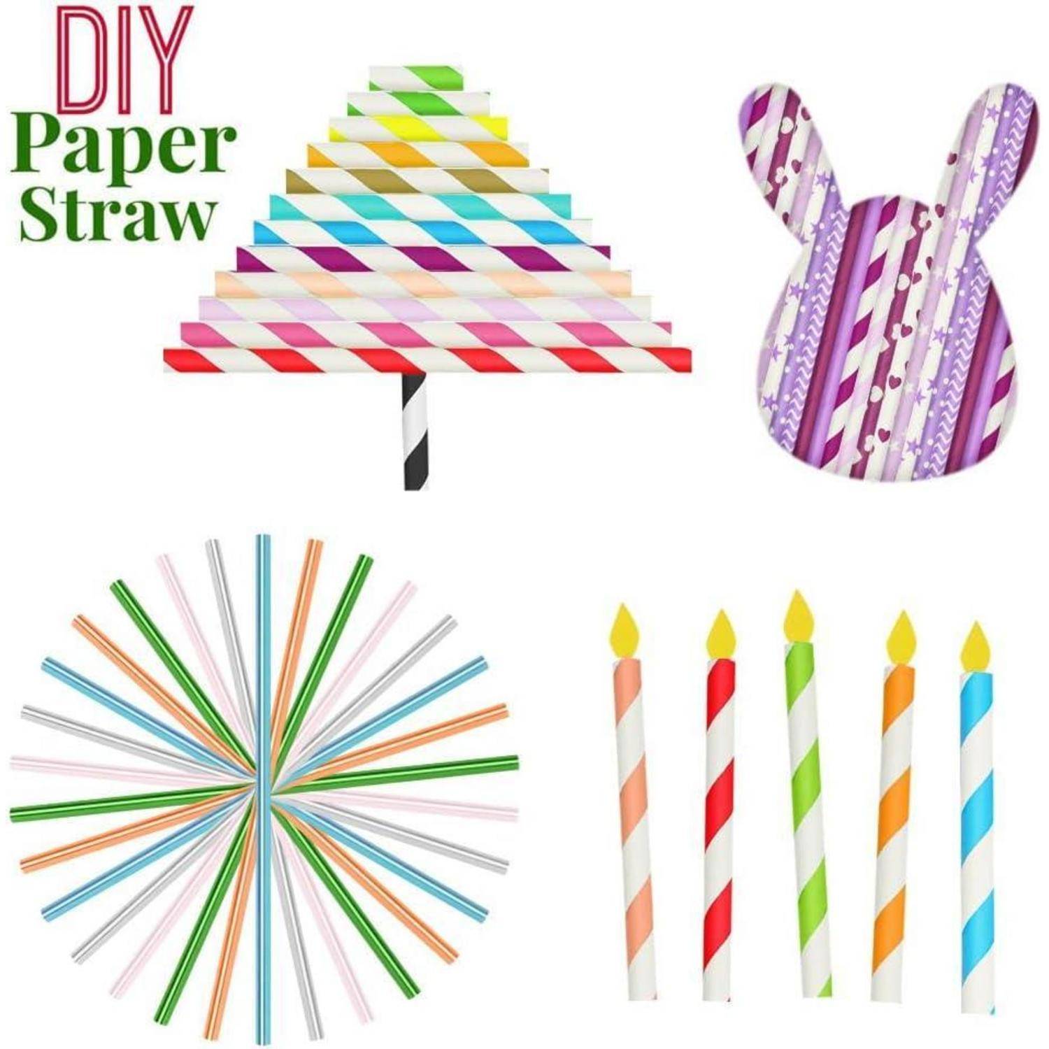 DIY-Bastelbeispiele aus Papierstrohhalmen: ein gestreifter Baum, eine Hasenform, eine Strahlenförmige Anordnung und gestreifte kerzenähnliche Strohhalme auf weißem Hintergrund.