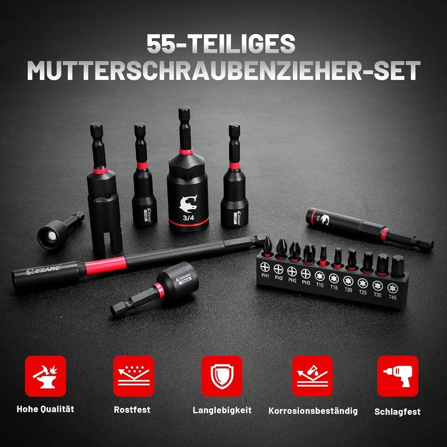 55-teiliger Nutsetzersatz mit mehreren schwarz-roten Schlagschraubern, Bits und Verlängerungsstab; deutscher Text hebt hochwertige Qualität, Rostbeständigkeit, Haltbarkeit, Korrosionsbeständigkeit und Schlagfestigkeit hervor.