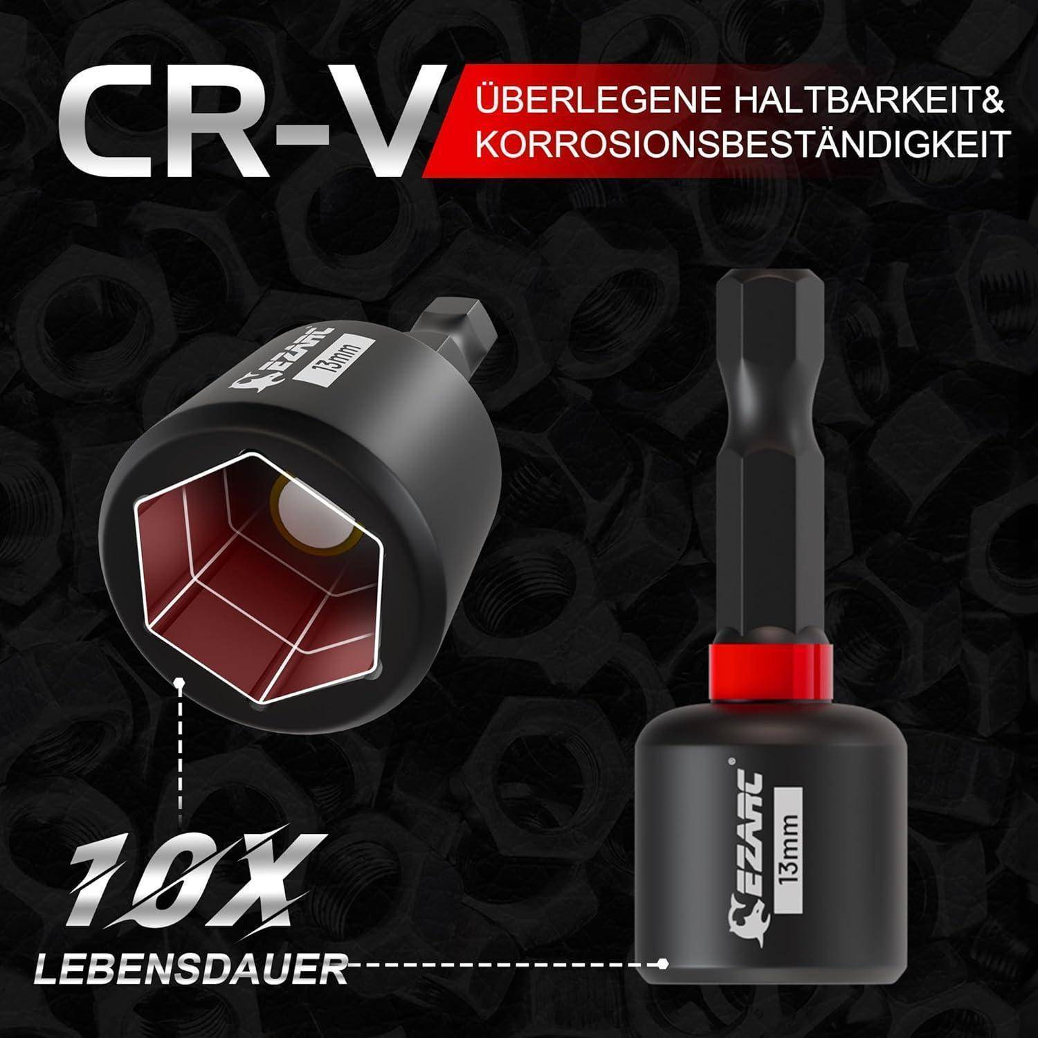 CR-V Steckschlüssel und Bitset-Anzeige mit Text „Überlegene Haltbarkeit & Korrosionsbeständigkeit