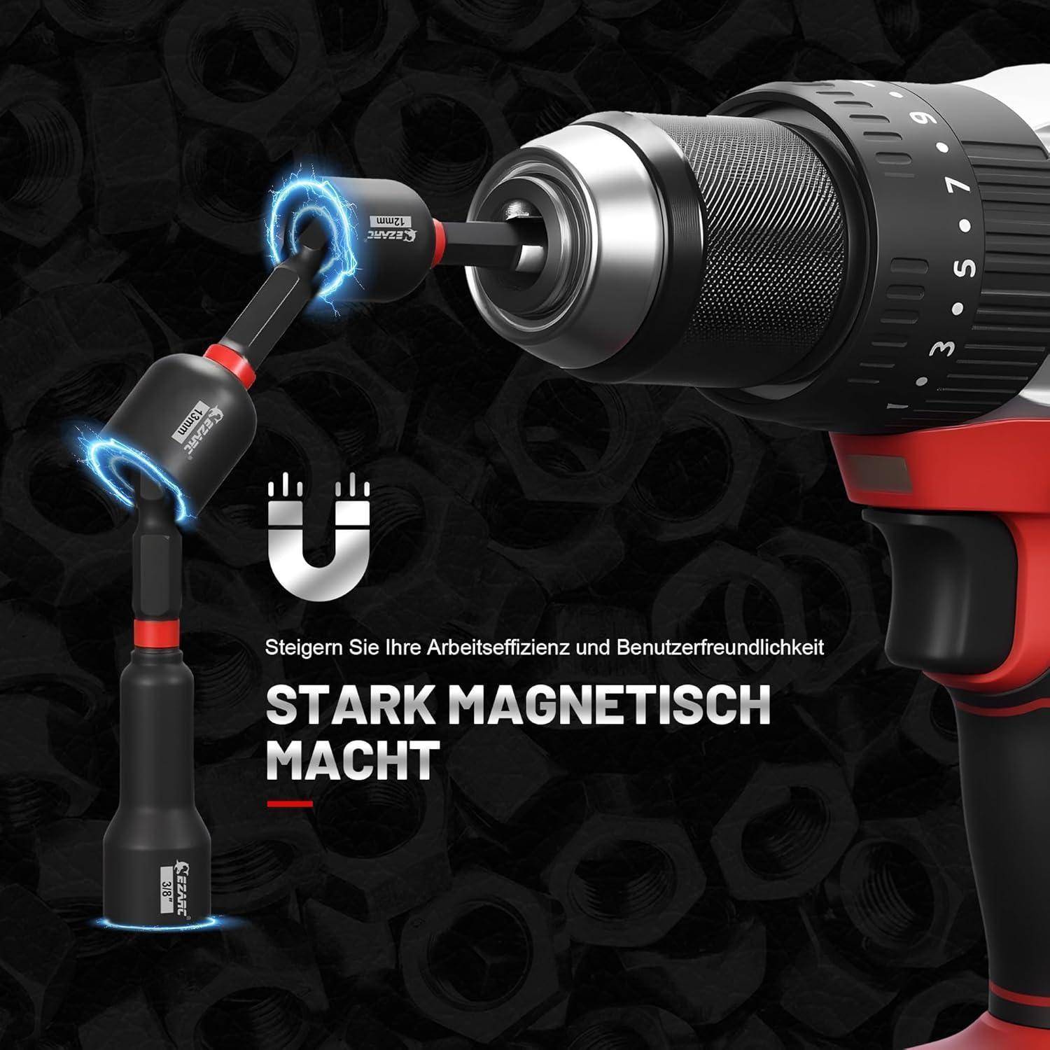 Bohrmaschine mit magnetischem Bithalter und leuchtenden magnetischen Verbindungen; deutscher Text bewirbt verbesserte Effizienz und Benutzerfreundlichkeit: 'STARK MAGNETISCH MACHT