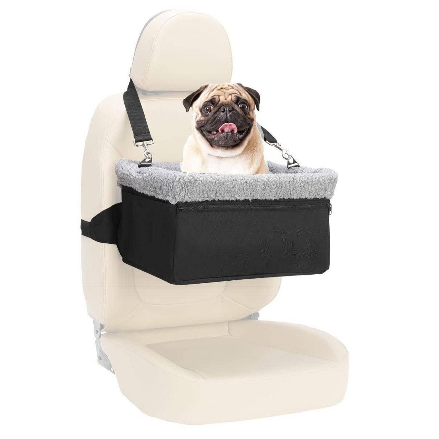 Mops sitzt in einem schwarzen gepolsterten Autositzerhöher, der am Beifahrersitz befestigt ist.