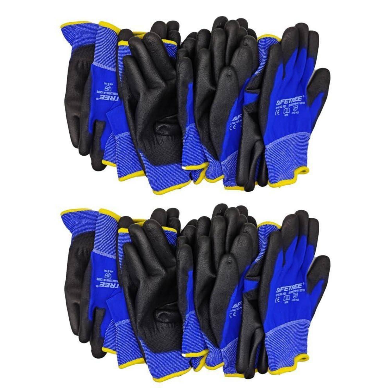 Zwei Stapel blauer und schwarzer Arbeitshandschuhe mit gelbem Besatz, vor weißem Hintergrund abgebildet.