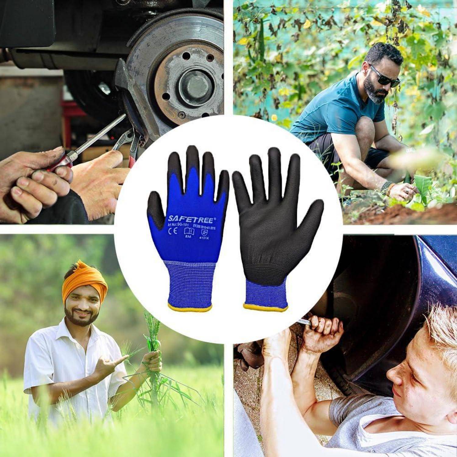 Werbekollage mit blau-schwarzen Schutzarbeitshandschuhen im Zentrum, mit Personen, die sie bei Autoreparaturen, Gartenarbeit und Farmarbeit verwenden.
