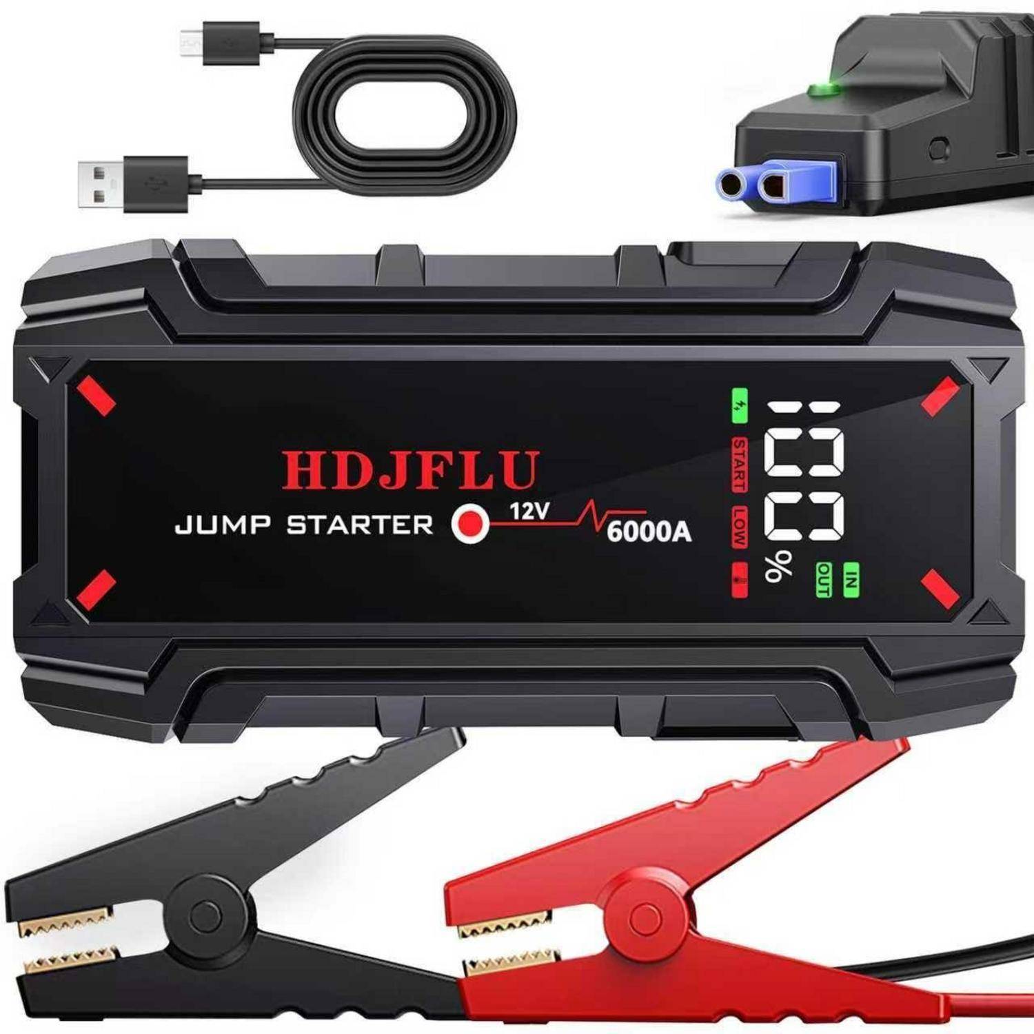 Tragbarer HDJFLU 12V 6000A Starthilfegerät mit USB-Kabel und roten/schwarzen Batterieklemmen, abgebildet auf weißem Hintergrund mit Batterieanzeige-Display.