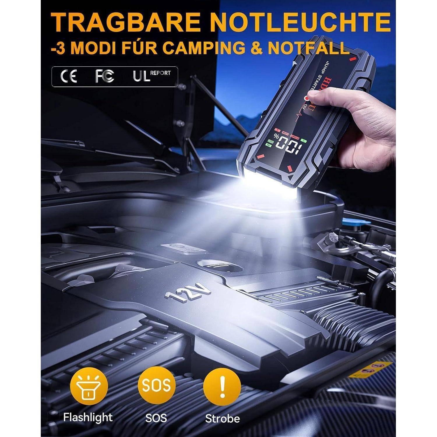 # Tragbare Notfallleuchte mit 3 Modi: Taschenlampe, SOS und Stroboskop, dargestellt beim Beleuchten eines Automotors in der Nacht.