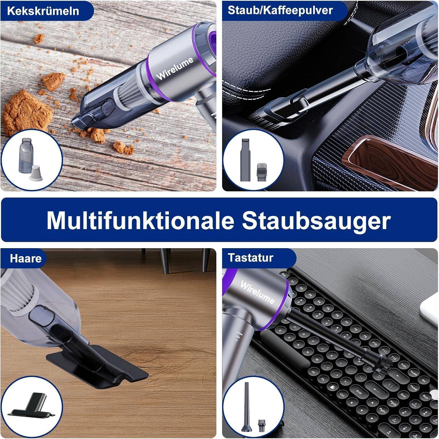 Handstaubsauger akku Auto kabellos 4 in 1 autostaubsauger Mini Staubsauger 22,000 Pa Starke Zyklon-Saugleistung Stark 3-Gang tragbar