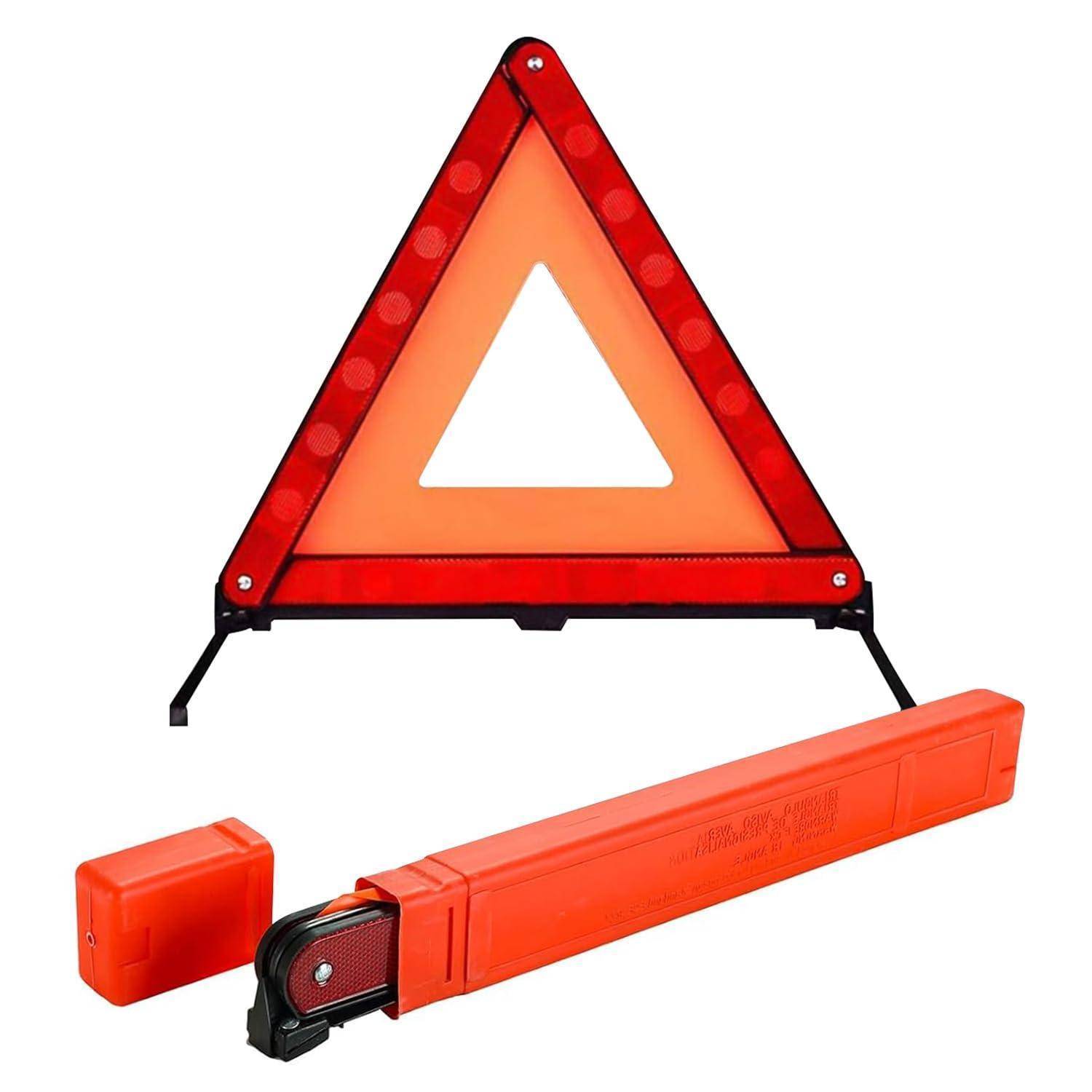 Orangefarbenes reflektierendes Warndreieck mit Transporttasche, verwendet für Pannenwarnung am Straßenrand oder Notfallwarnung.