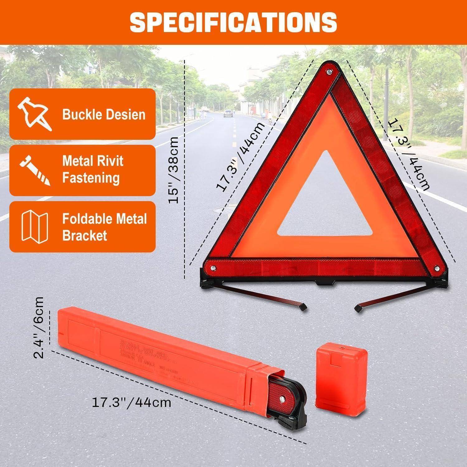 Produktspezifikationen zeigen ein klappbares orange/rotes Auto-Warndreieck mit Tragetasche, Abmessungen und Merkmale: Schnallenentwurf, Metallnieten-Befestigung, klappbares Metallgestell.