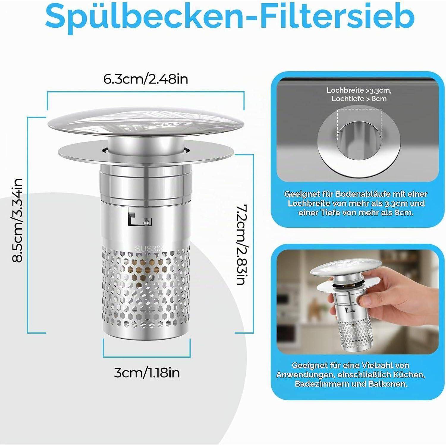 Produktinfografik für einen Spülbecken-Ablaufsieb-Filter mit den Maßen 6,3 cm breit, 7,2 cm hoch, 3 cm Basis und passend für Abläufe über 3 cm breit und 8 cm tief.