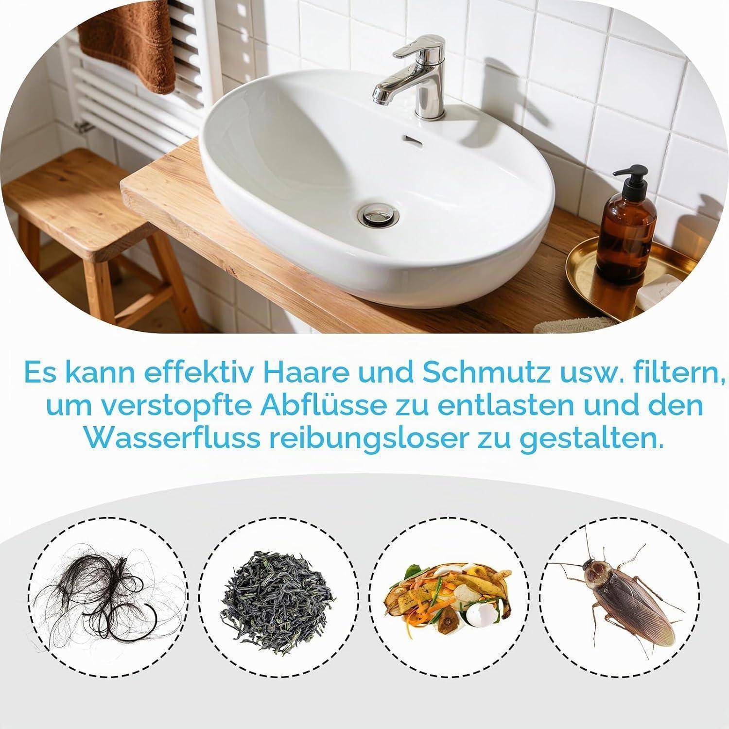 Badezimmerspüle mit Sieb, überlagert mit einer deutschen Beschriftung, die besagt, dass es Haare und Schmutz filtert, um Verstopfungen zu verhindern und den Wasserdurchfluss zu verbessern; darunter befinden sich Symbole von Haaren, Schmutz, Speiseresten und einer Kakerlake.