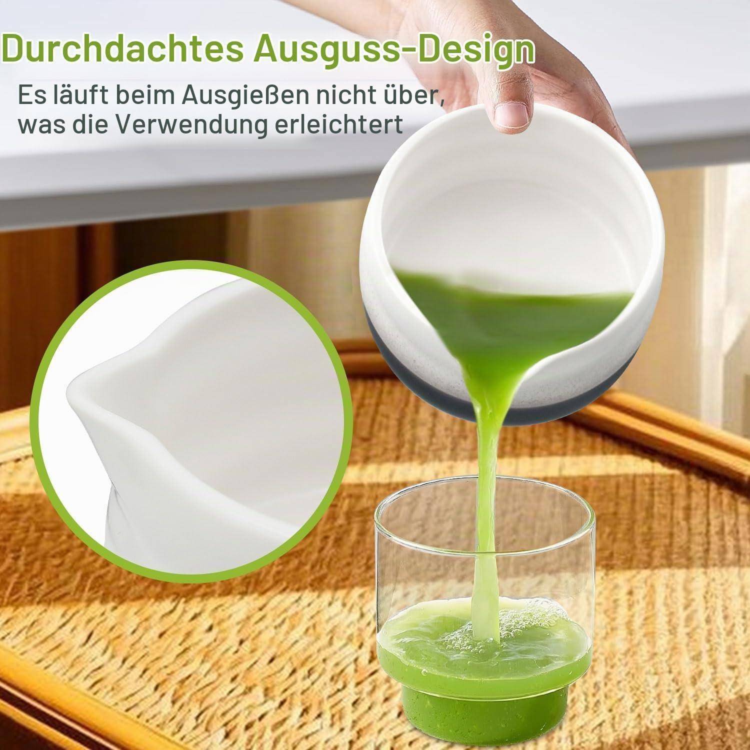 Infografik zeigt eine weiße Schüssel mit einer speziellen Ausgießer, die grüne Flüssigkeit ordentlich in ein Glas gießt; eine Detailansicht hebt das Design des Ausgießers hervor.
