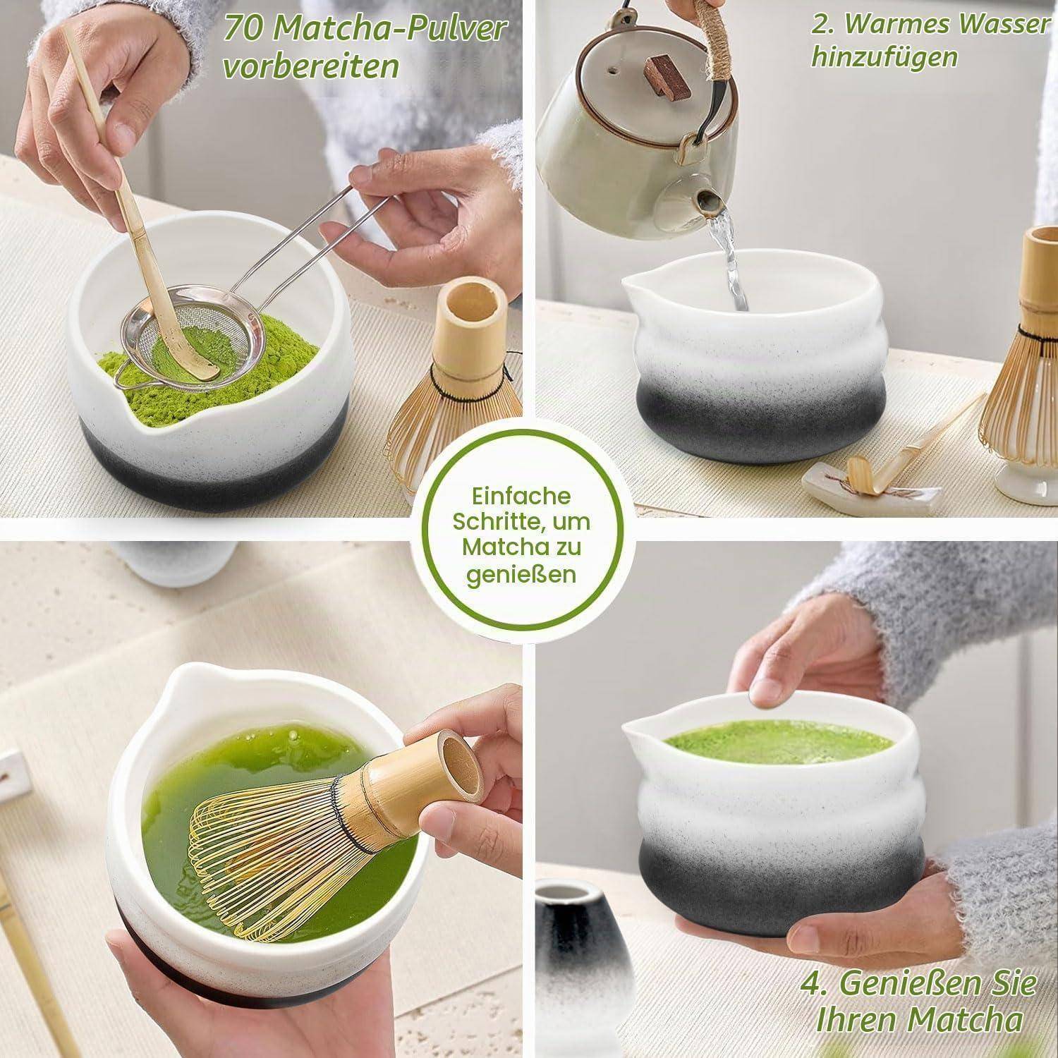 Vierschrittiges Matcha-Zubereitungs-Infografik: Matcha-Pulver hinzufügen, warmes Wasser gießen, aufschlagen und in einer Keramikschale genießen.