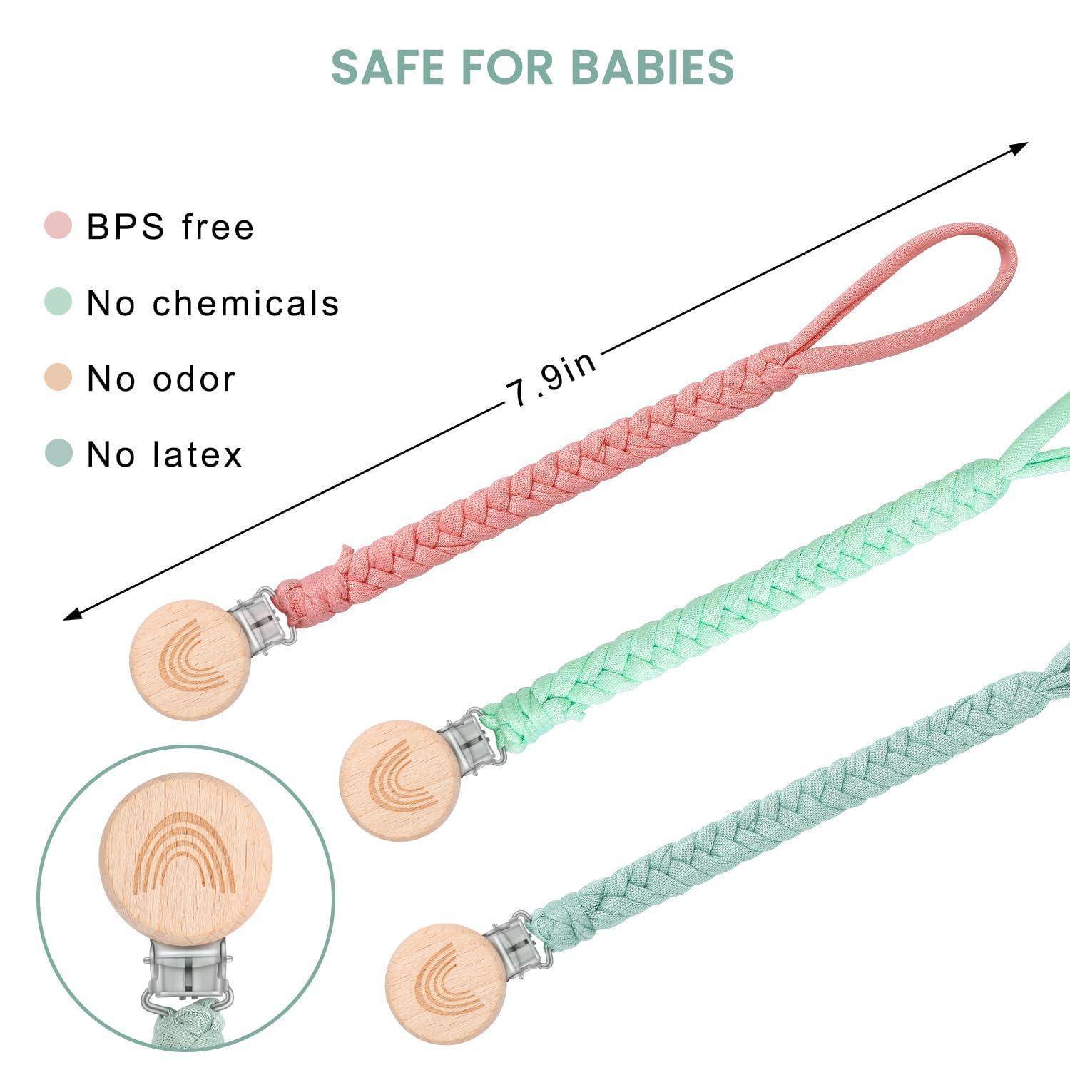 Infografik von Baby-Schnullerketten mit der Aufschrift „SICHER FÜR BABYS