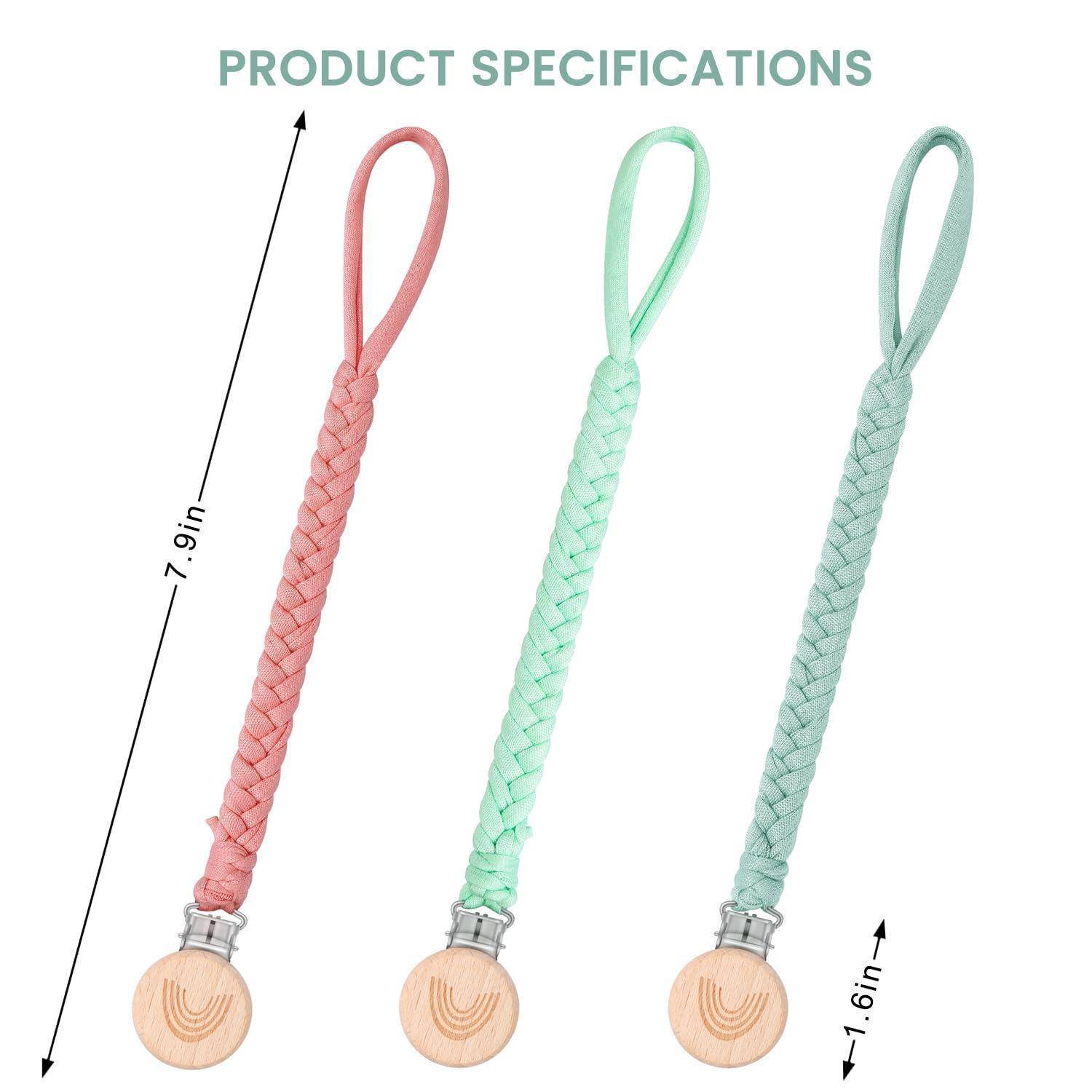 Produktspezifikationen zeigen drei geflochtene Handgelenk-Lanyards in Rosa, Minze und Blaugrün mit Holzperlen; jeder misst etwa 7,9 Zoll Länge und 1,6 Zoll Breite.