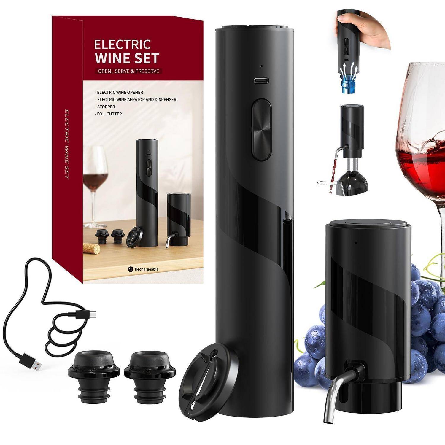 Produktbild einer elektrischen Weinset mit einem wiederaufladbaren Öffner, Belüfter und Spender, Stopfen, Folienschneider, USB-Ladekabel und Zubehör, das neben der Verpackung gezeigt wird.