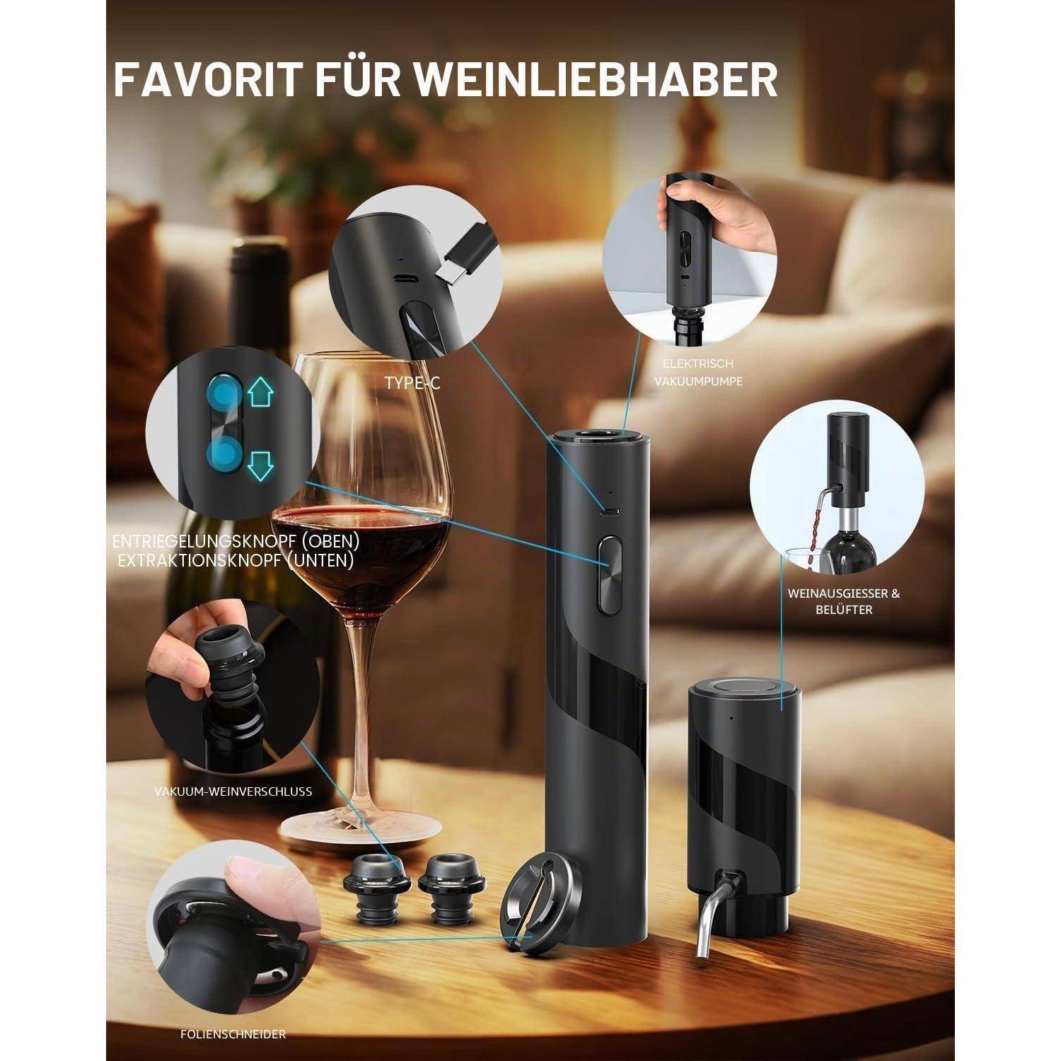 Annotiertes Produktbild eines elektrischen Weinöffners mit Zubehör, das gekennzeichnete Funktionen wie die Extraktions-/Öffnungstaste, die elektrische Pumpe, den Weinheber und Ausgießer, den Vakuumstopfen und den Folienschneider zeigt.