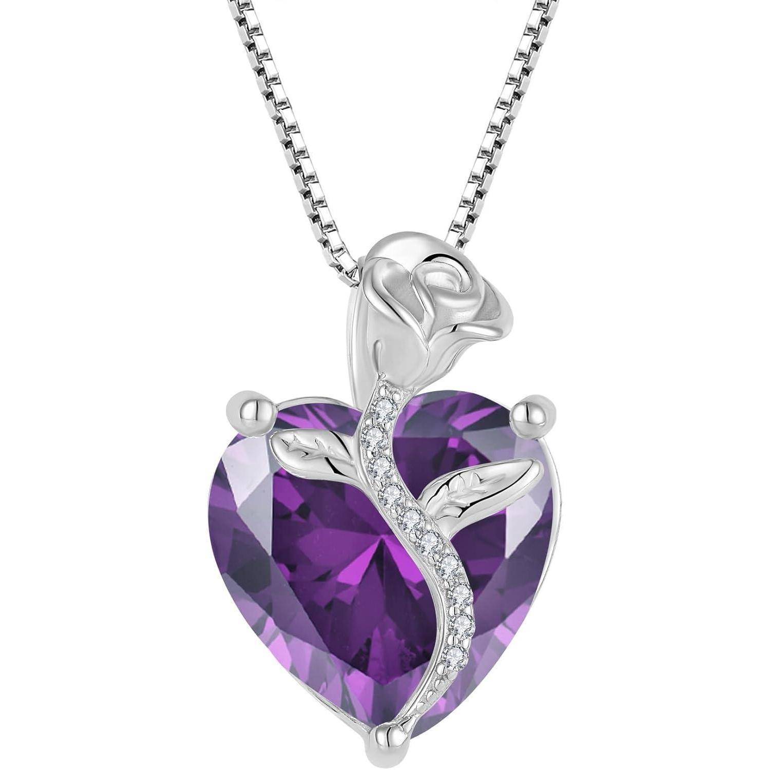 FJ Herz Kette Damen 925 Sterling Silber Geburtsstein Kette Anhänger Rose Blume Schmuck Geschenke für Frauen Mutter Freundin Mama 02 Februar - Amethy