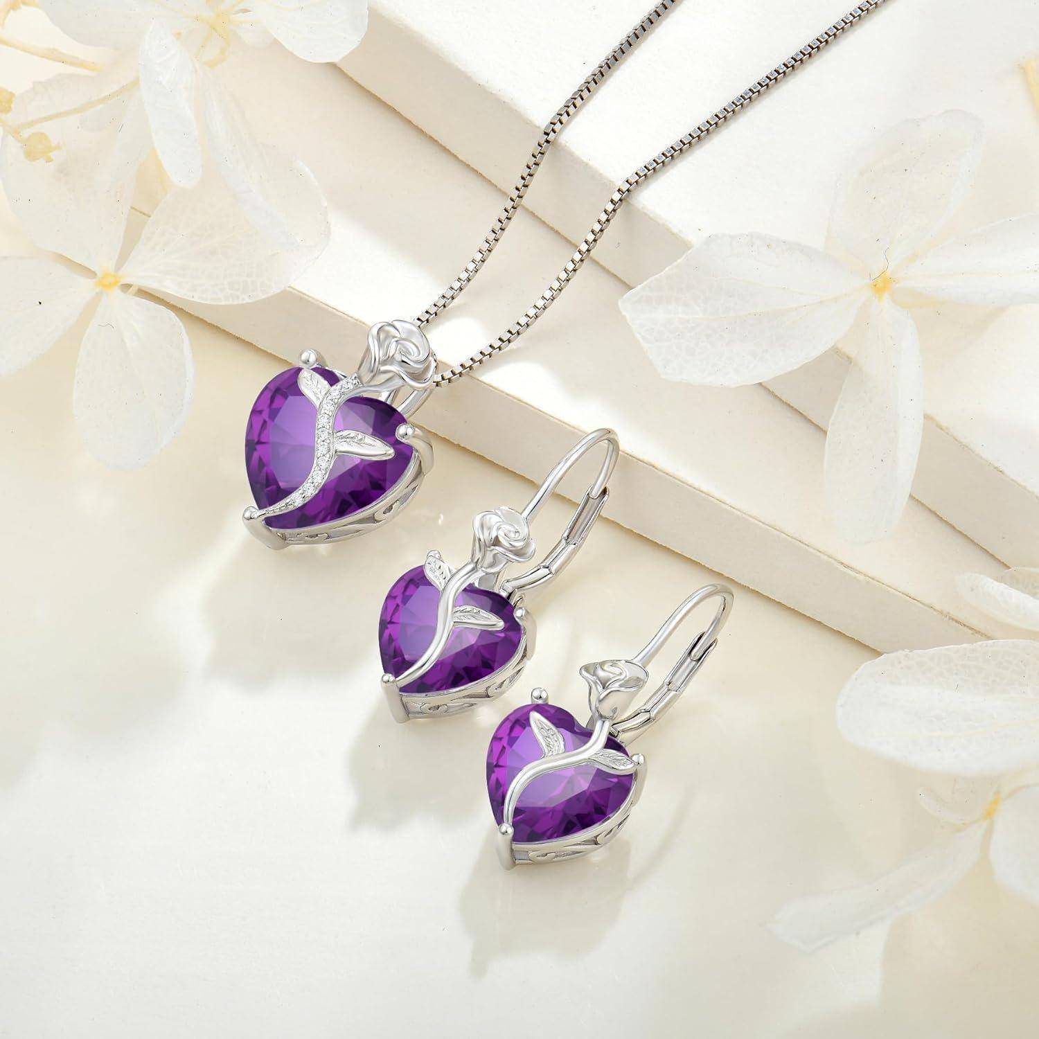 FJ Herz Kette Damen 925 Sterling Silber Geburtsstein Kette Anhänger Rose Blume Schmuck Geschenke für Frauen Mutter Freundin Mama 02 Februar - Amethy
