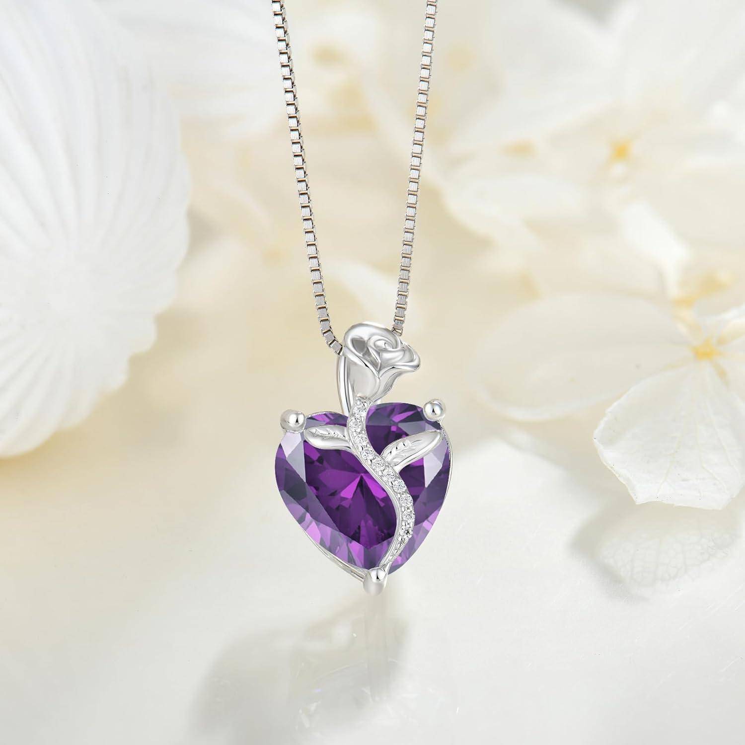 FJ Herz Kette Damen 925 Sterling Silber Geburtsstein Kette Anhänger Rose Blume Schmuck Geschenke für Frauen Mutter Freundin Mama 02 Februar - Amethy