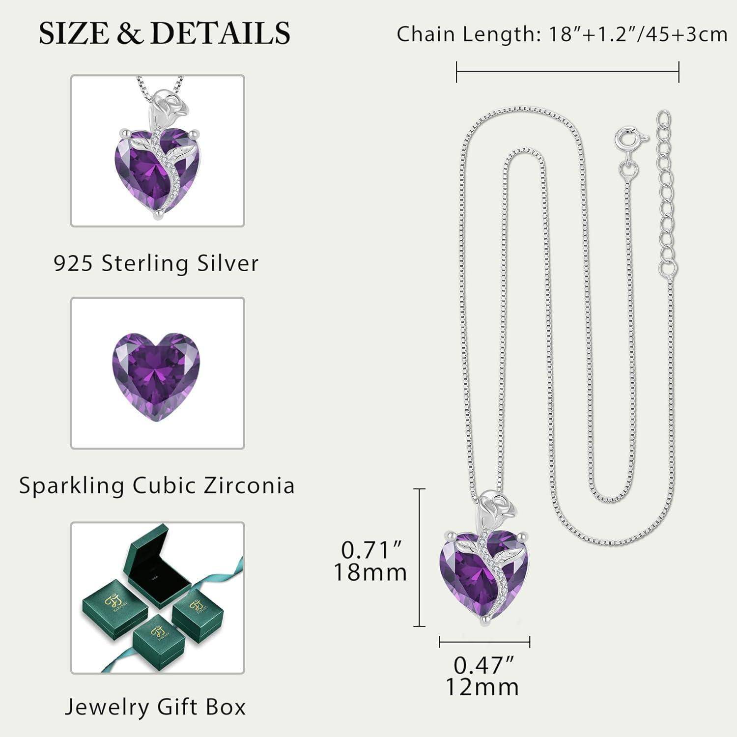 FJ Herz Kette Damen 925 Sterling Silber Geburtsstein Kette Anhänger Rose Blume Schmuck Geschenke für Frauen Mutter Freundin Mama 02 Februar - Amethy