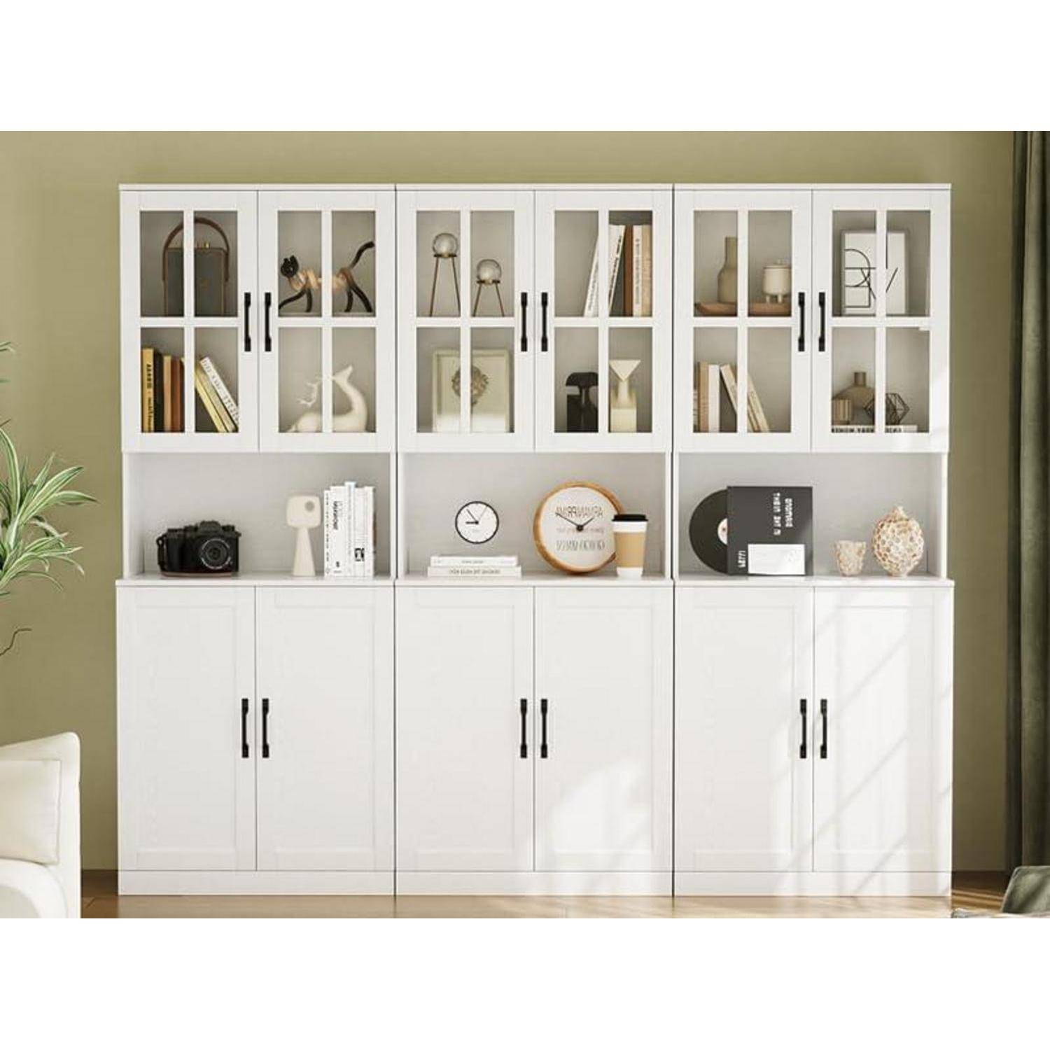 VOWNER Bücherregal mit Glastüren und offenem Fach, 180 cm Hochschrank, 5 Ebenen Bücherschrank, Standregal Vitrinenschrank, Buffetschrank mit Arbeit