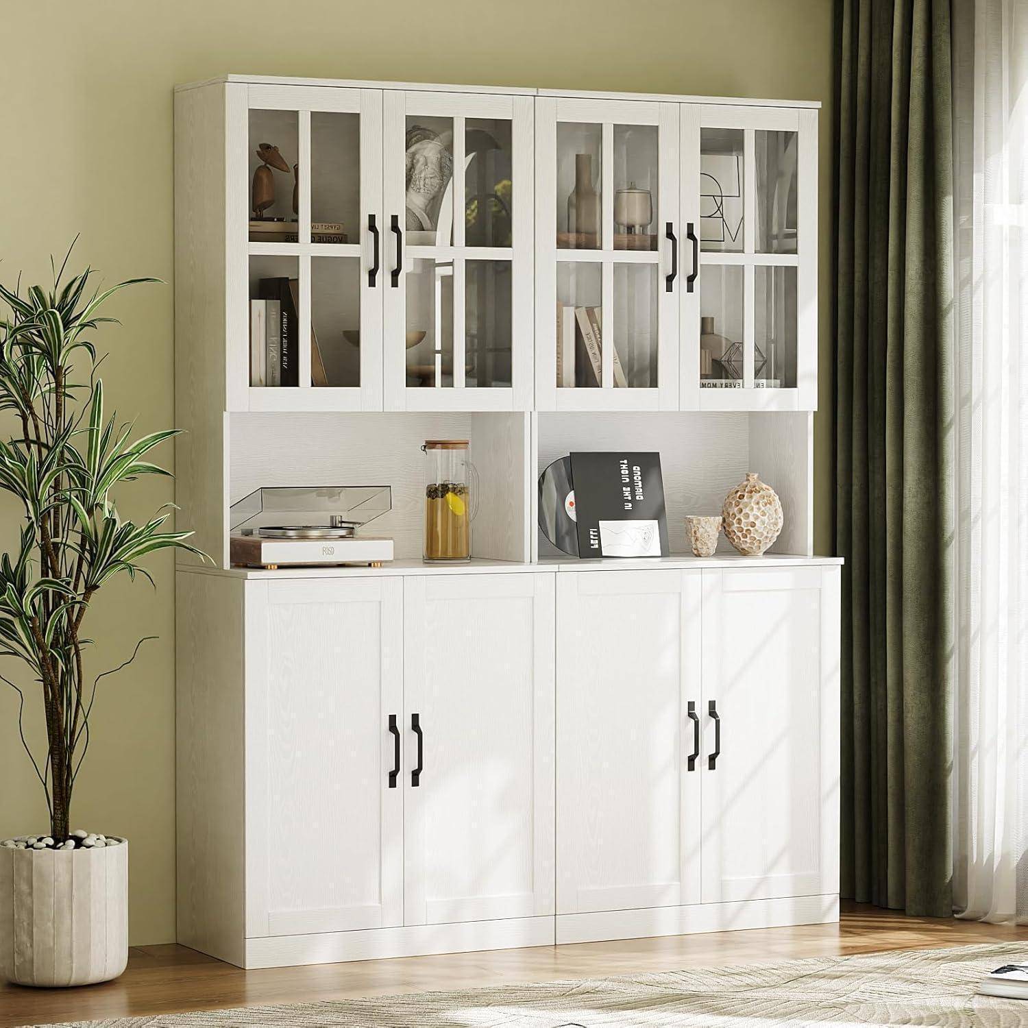 VOWNER Bücherregal mit Glastüren und offenem Fach, 180 cm Hochschrank, 5 Ebenen Bücherschrank, Standregal Vitrinenschrank, Buffetschrank mit Arbeit