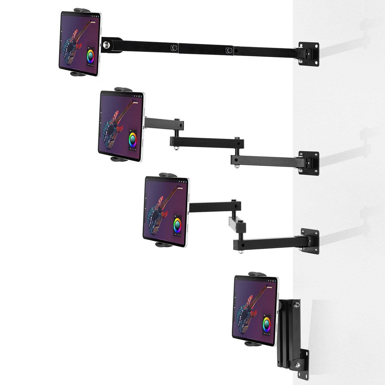 Vier an der Wand montierte verstellbare Tablet-Arme in verschiedenen ausgefahrenen Positionen, die eine zusammenklappbare Schwenkhalterung zur Befestigung eines Tablets an der Wand zeigen.