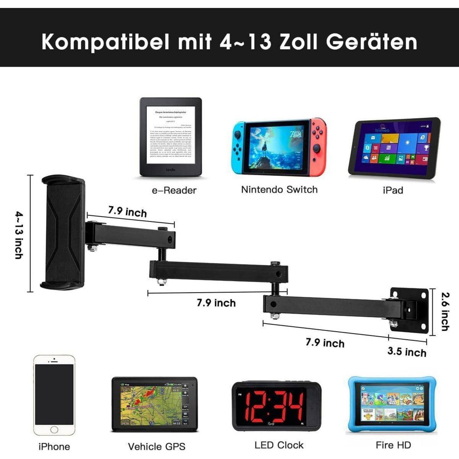 Produktdiagramm mit einer Halterung, die mit 4 bis 13 Zoll großen Geräten kompatibel ist, einschließlich E-Reader, Nintendo Switch, iPad, iPhone, GPS, LED-Uhr und Fire HD.