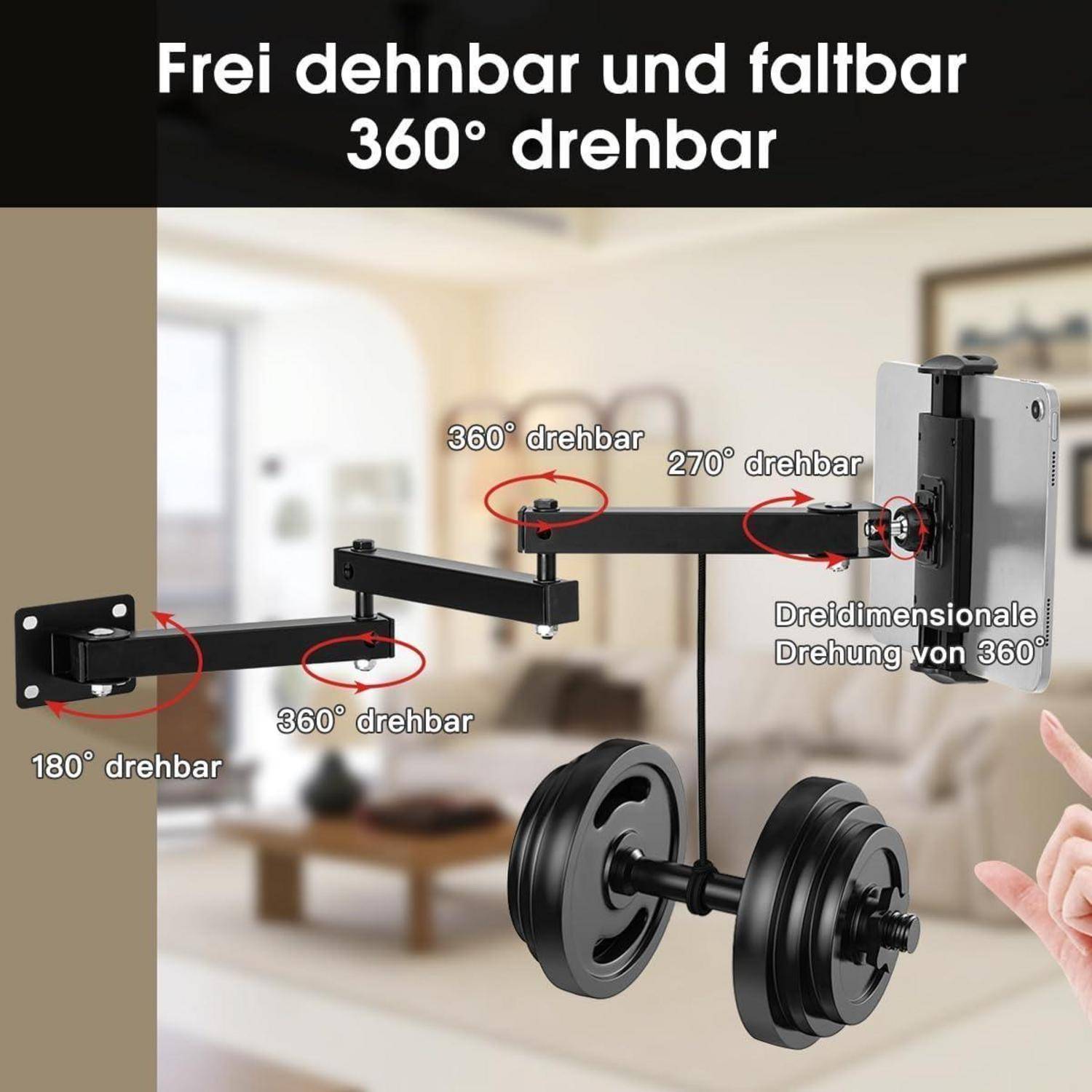 Illustration einer verstellbaren TV-Wandhalterung mit Gewichtsangaben, beschriftet auf Deutsch mit 180°, 270° und 360° Rotation für vollständige flexible Bewegung.