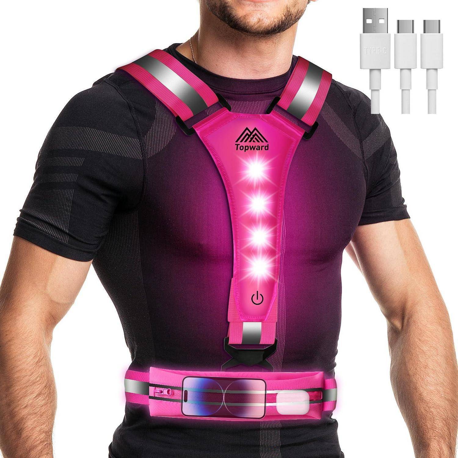 Mann, der einen rosa vibrierende Haltungskorrektor und Taillen-Massager mit leuchtenden LED-Lichtern trägt, gezeigt mit Ladekabeln.