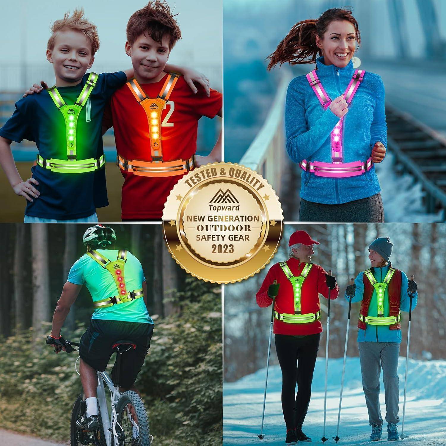 Collage von Menschen, die leuchtend reflektierende Sicherheitswesten und LED-Streifen für die Sichtbarkeit bei Nacht im Freien tragen; zentrales Abzeichen liest „Getestete & qualitativ hochwertige Outdoor-Sicherheitsausrüstung 2023
