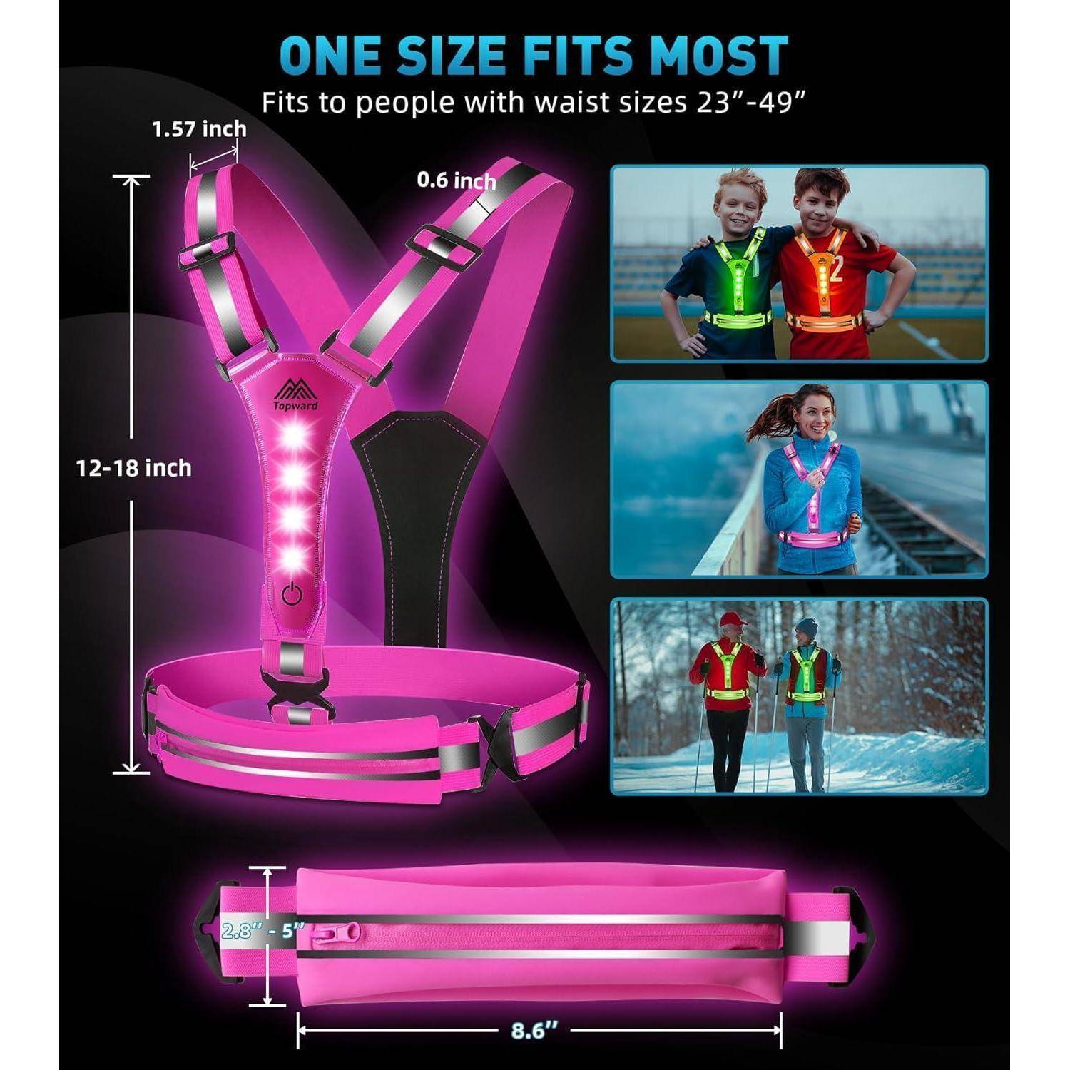 Produktgrafik einer rosafarbenen reflektierenden Sicherheitsschlinge mit „ONE SIZE FITS MOST