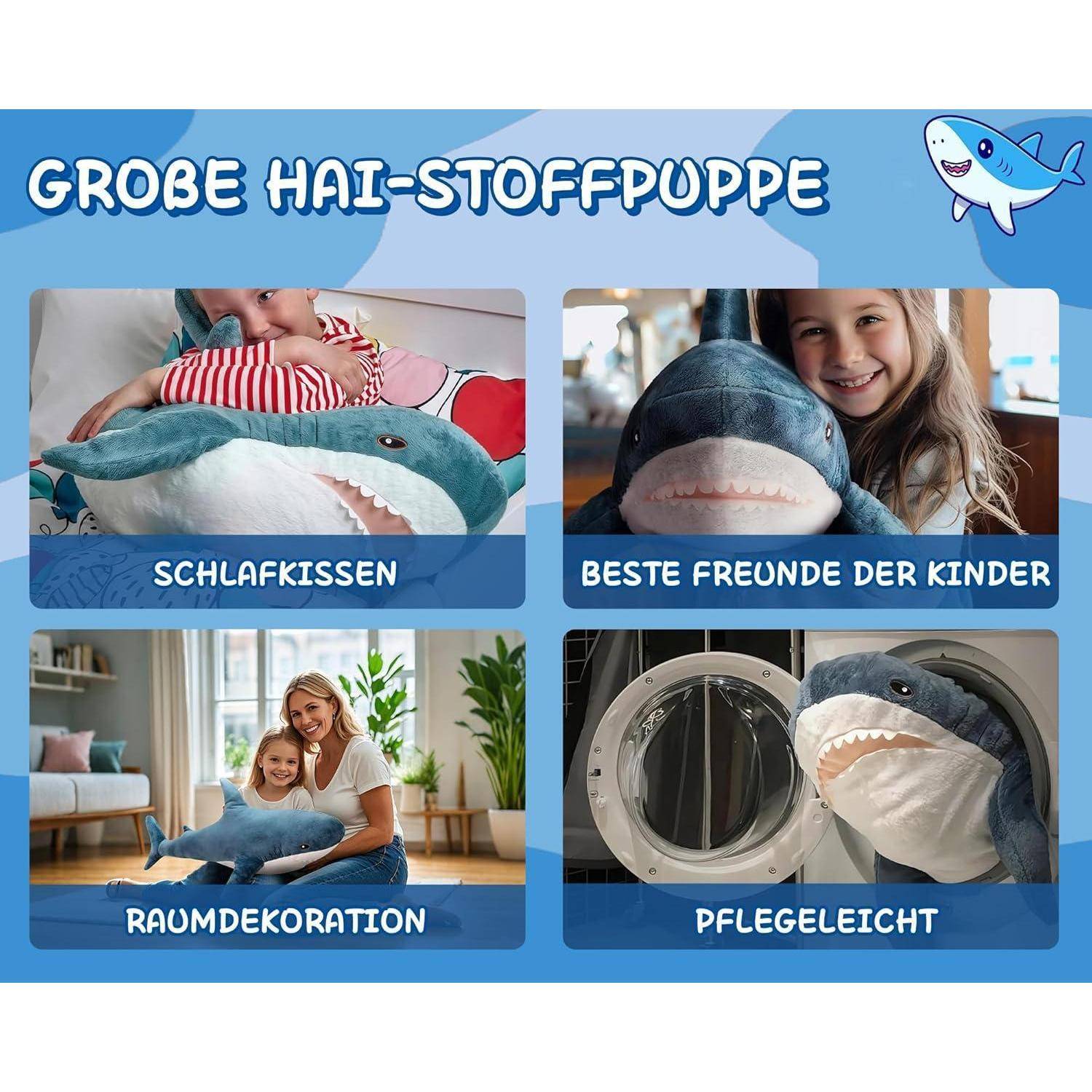 Werbebild für ein großes Hai-Plüschtier, das verschiedene Verwendungsmöglichkeiten zeigt: als Kissen, Begleiter des Kindes, Zimmerausstattung und pflegeleichtes, waschbares Produkt.