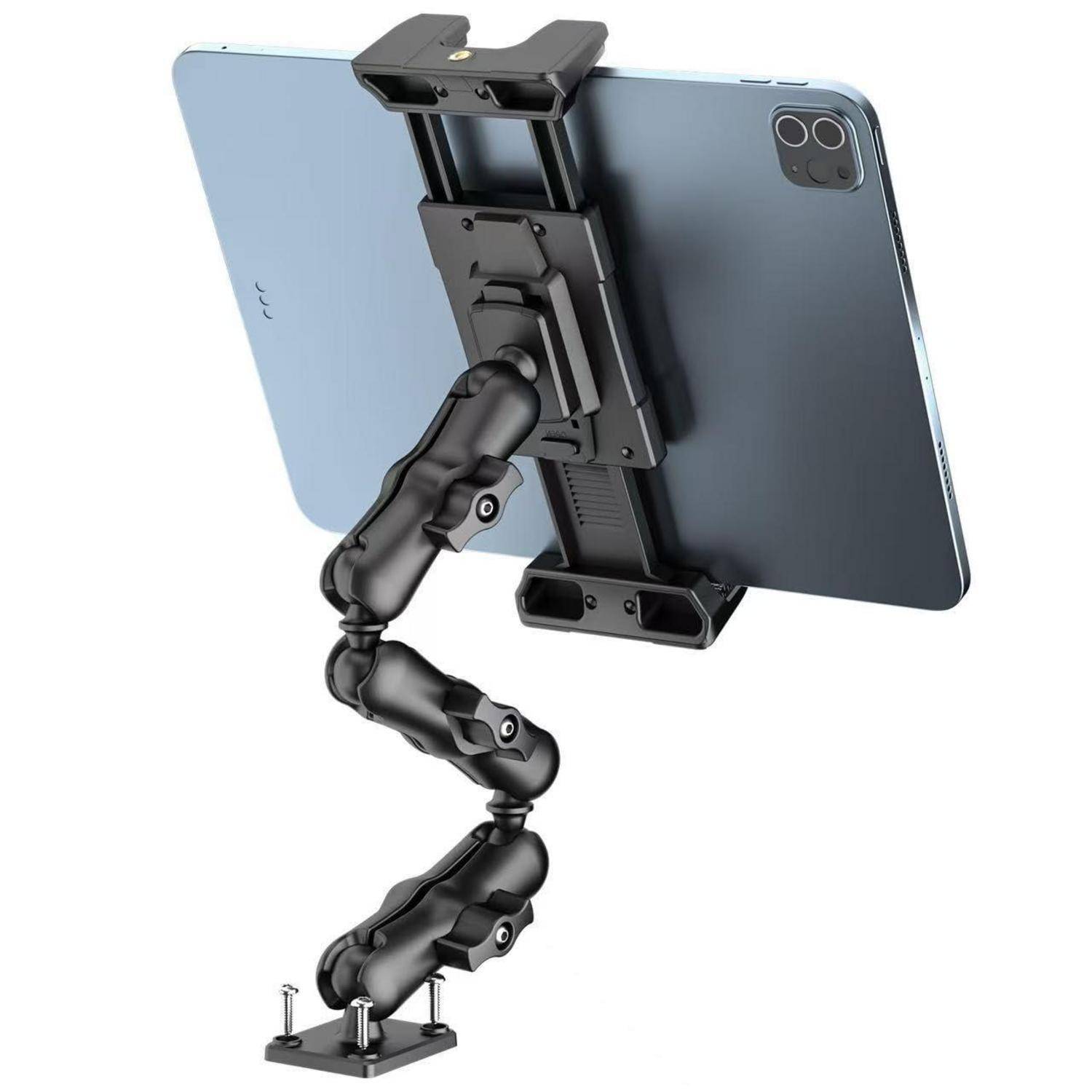 Verstellbare artikulierte Halterung für ein Tablet mit einer Klemme und flexiblem Arm, der an einer Basis befestigt ist