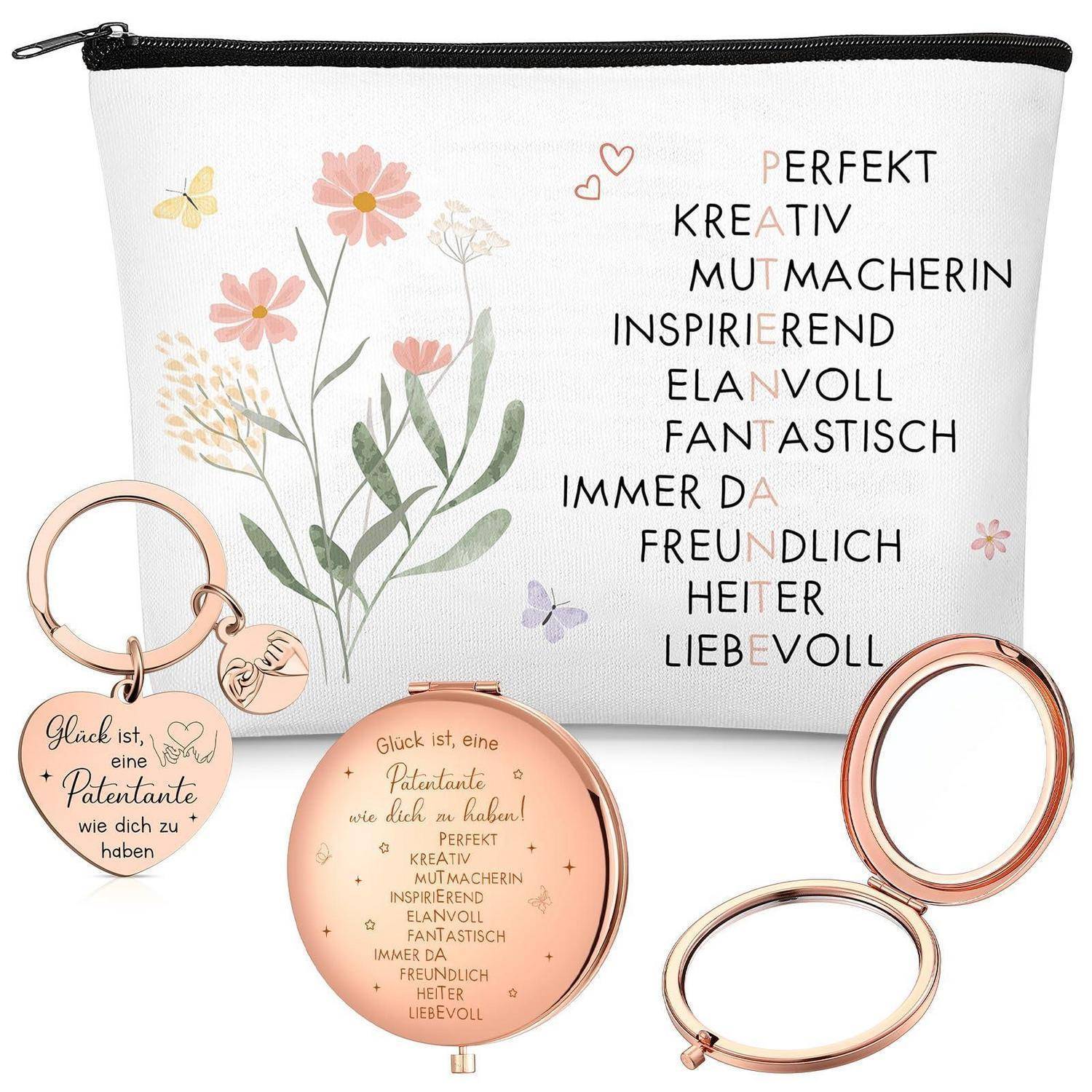Geschenkset mit einem floralen Reißverschlussbeutel und rosegoldenen Schlüsselanhängern, mit deutschen Lobestexten: 'PERFEKT', 'KREATIV', 'MUTMACHERIN', 'INSPIRIEREND', 'LIEBEVOLL'.