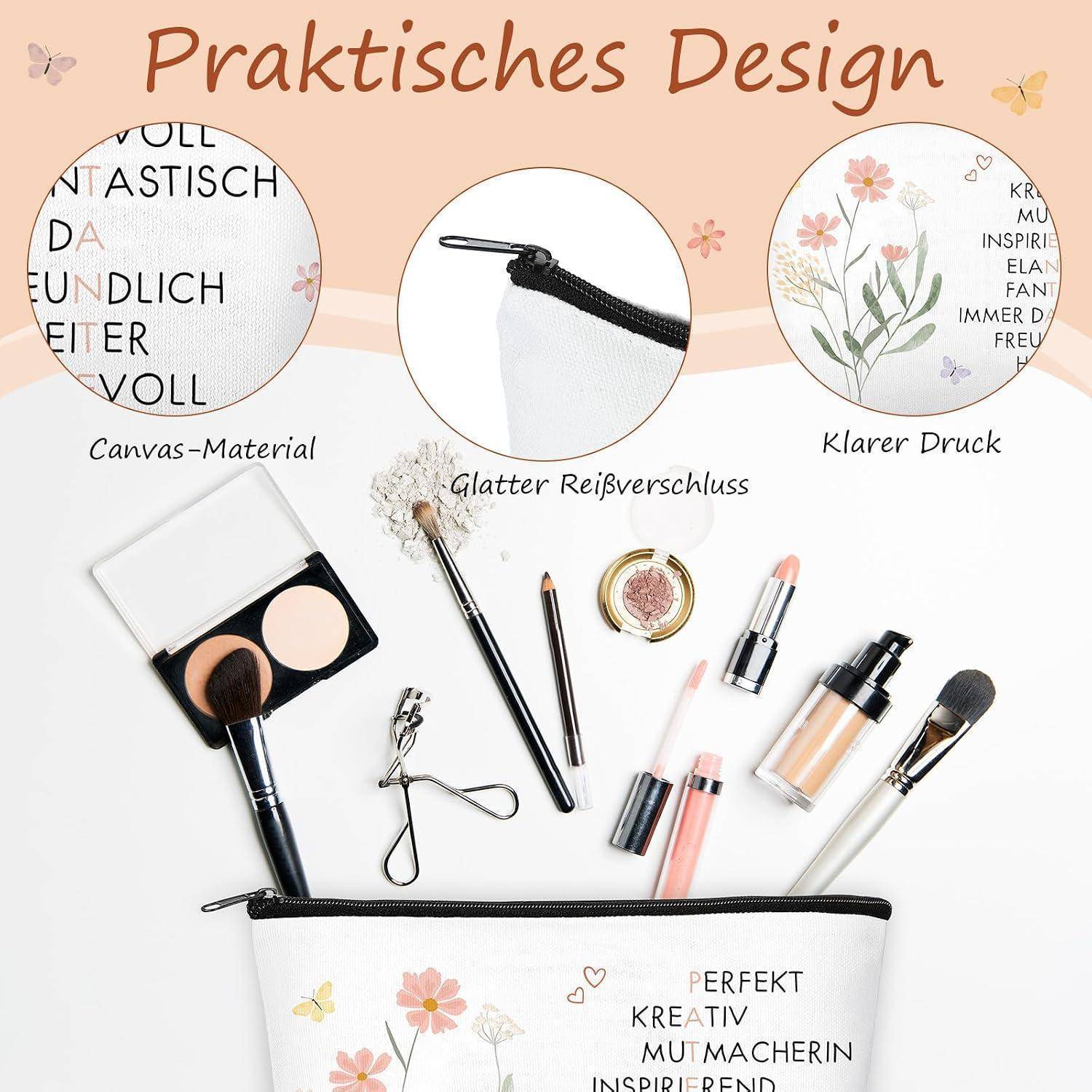 Promotional Flat-Lay einer weißen Kosmetiktasche und Make-up-Artikel, die das 'praktische Design', Leinwandmaterial, sanften Reißverschluss und klares Blumenmuster hervorheben.