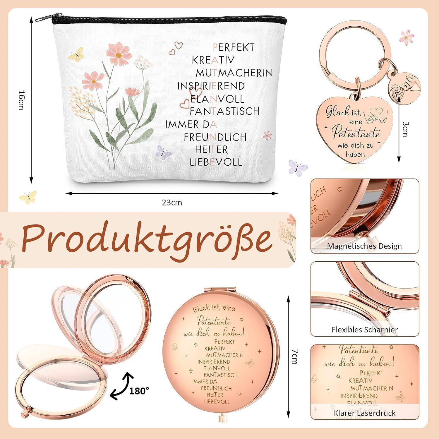 Werbeprodukt-Collage mit einer weißen Kosmetiktasche, rosegoldenem Schlüsselanhänger und rundem Spiegelkompakt mit deutschem Text, Plus-Size-Etiketten und Funktionshinweisen: Magnetdesign, biegsames Scharnier, klarer Laserdruck.
