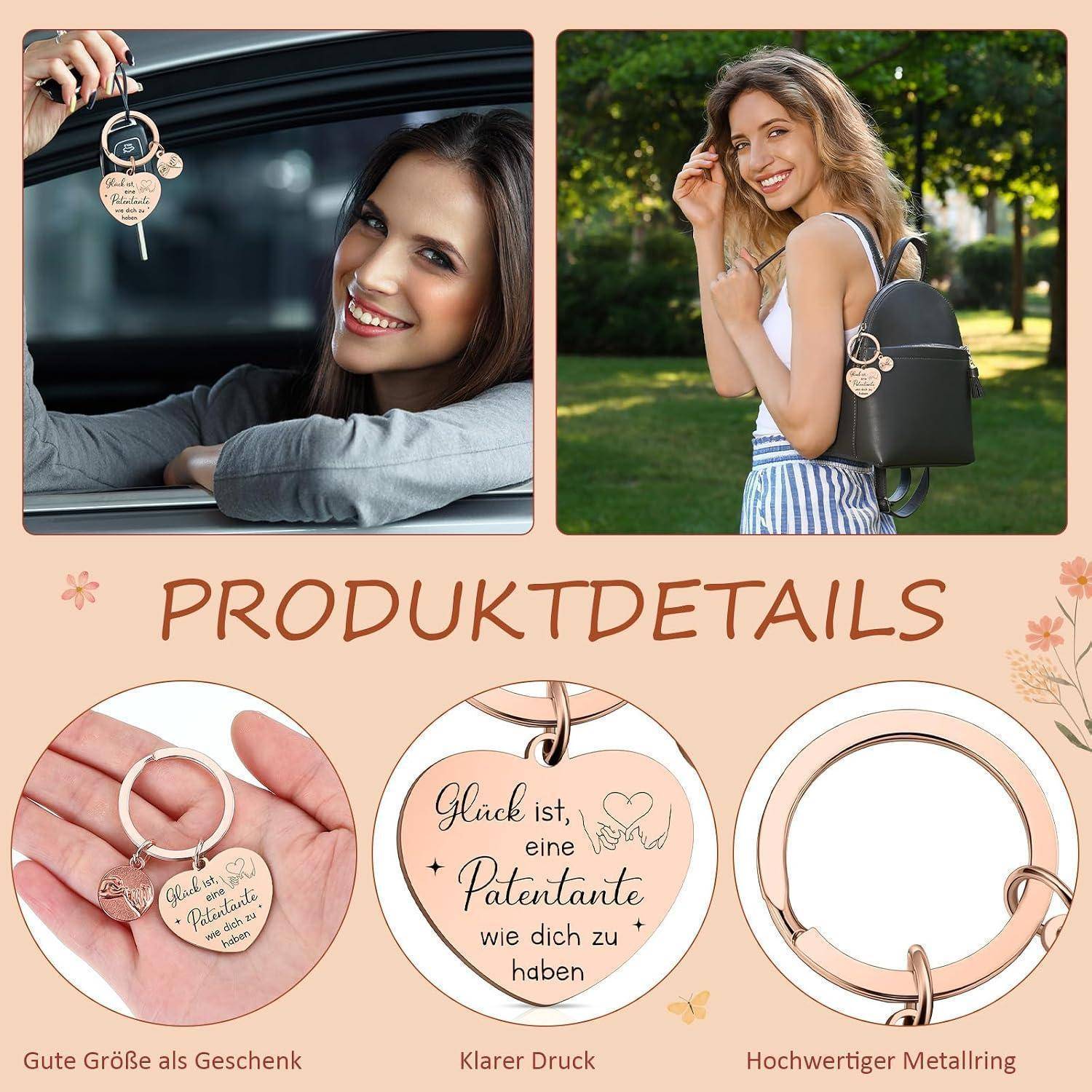 Werbecollage eines Schlüsselanhängers mit Herz-Etikett an einem Autoschlüssel und befestigt an einem Rucksack, mit Produktdetail-Nahaufnahmen und deutschen Beschriftungen 'Produktdetails', 'Gute Größe als Geschenk', 'Klarer Druck' und 'Hochwertiger Metallring'.