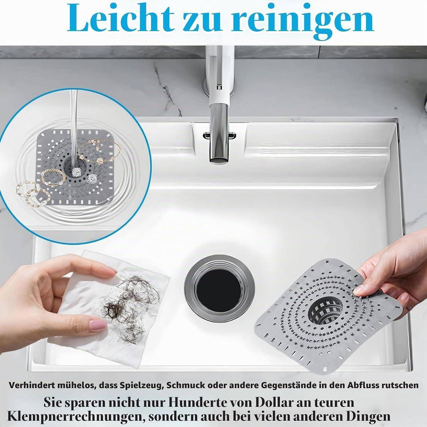 Werbebild eines Spülbeckenablauf-Siebs, das verhindert, dass Gegenstände hineinfallen, mit deutschem Text „Leicht zu reinigen