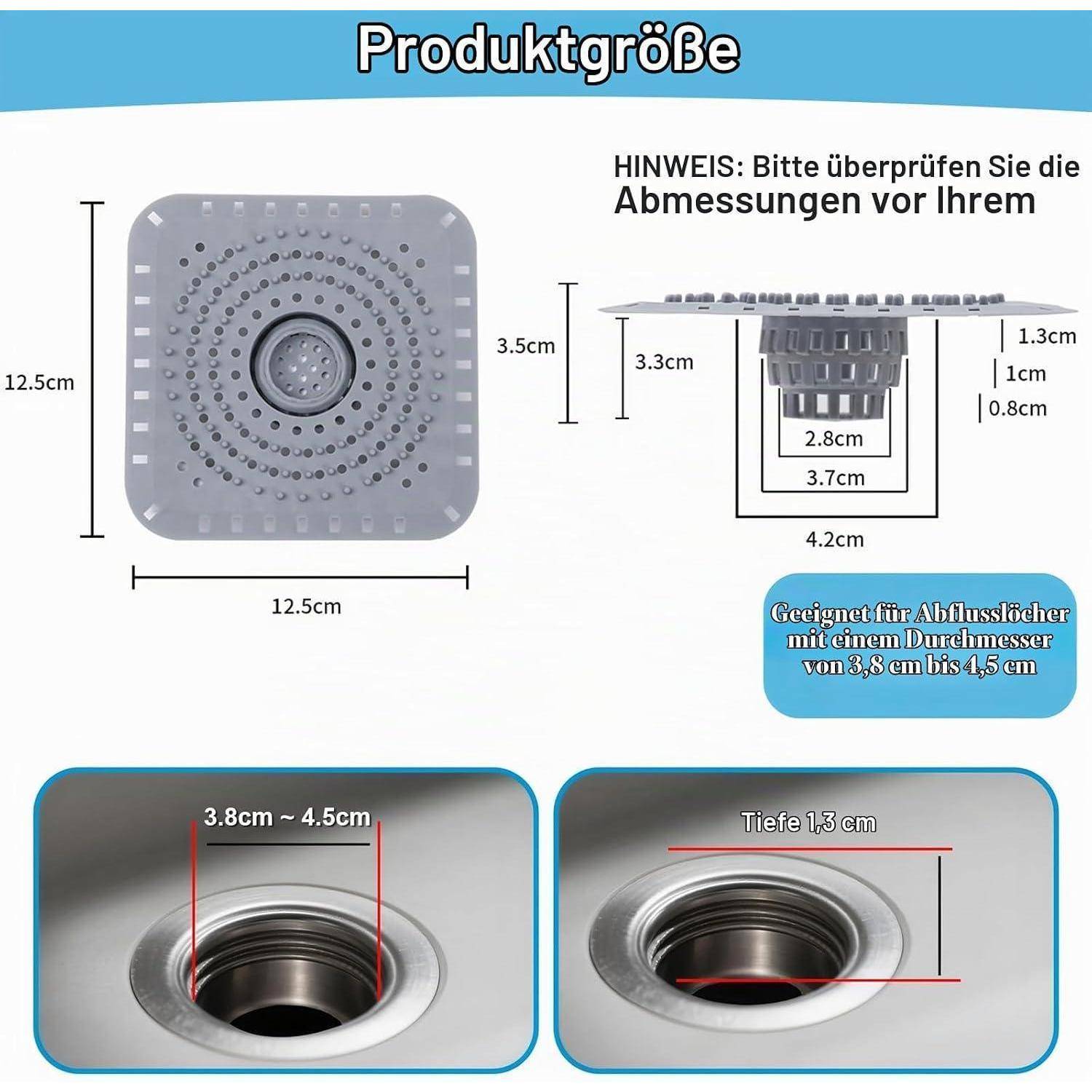 Deutsches Produktgrößen-Diagramm einer quadratischen Duschablaufabdeckung, 12,5 cm breit und 3,5 cm hoch, mit Installationsabmessungen und einem Hinweis zur Überprüfung der Maße; passt auf Abläufe von 3,8–4,5 cm.