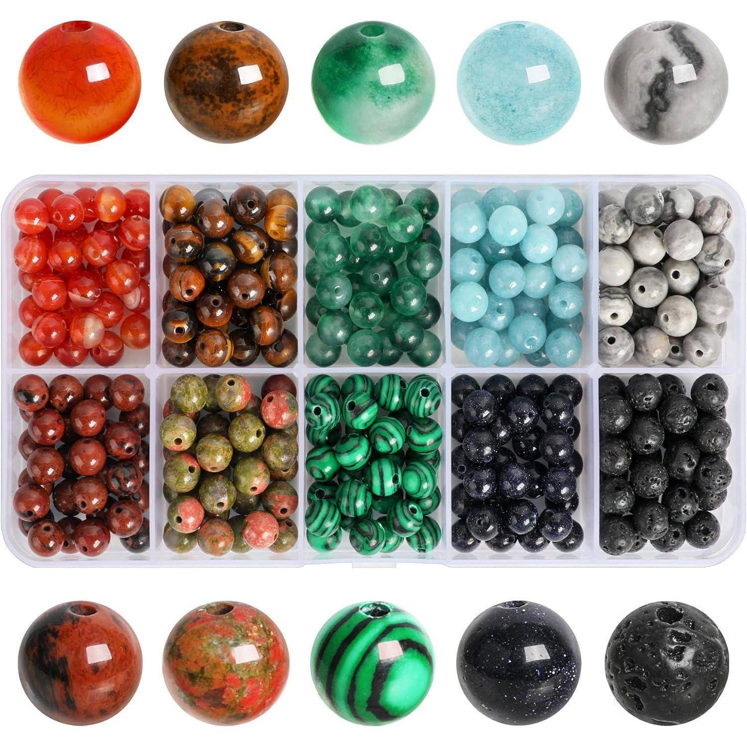 SOSMAR 300 Stück Natürliche Edelsteine ⌀ 6mm rund Perlen für Armbänder Halsketten Schmuck Basteln Auffädeln, 10 Sortierte Steinperlen Edelstein