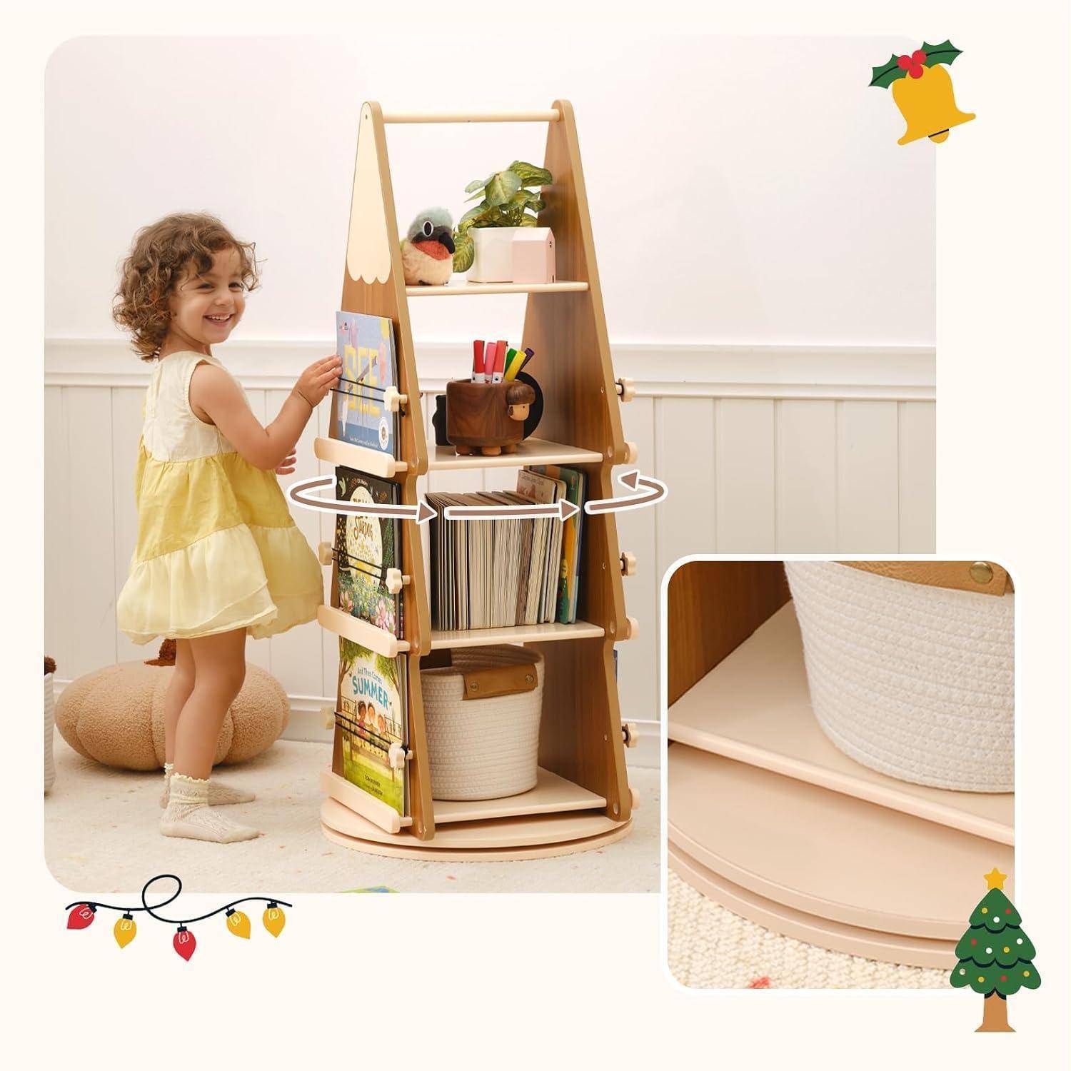 OOOK Drehbares Bücherregal aus Kiefernholz, 360 Grad Bücherregal Drehbar mit 4 Ebenen, Baum Drehregal Standregal für Kinder und Erwachsene, Multifu