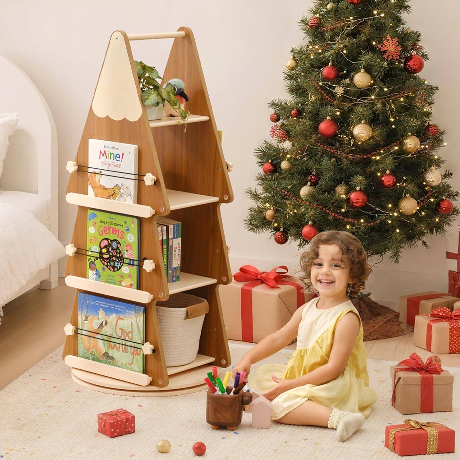 OOOK Drehbares Bücherregal aus Kiefernholz, 360 Grad Bücherregal Drehbar mit 4 Ebenen, Baum Drehregal Standregal für Kinder und Erwachsene, Multifu