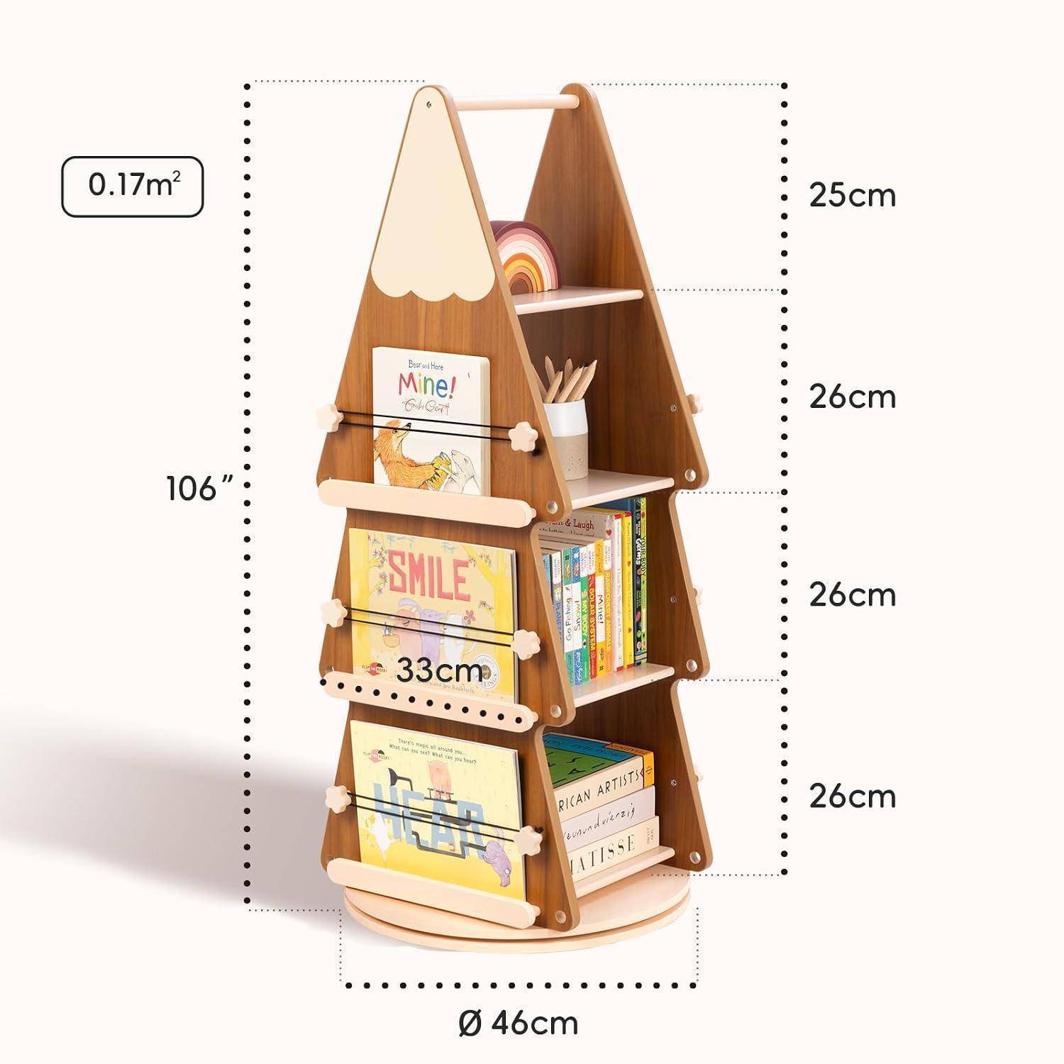 OOOK Drehbares Bücherregal aus Kiefernholz, 360 Grad Bücherregal Drehbar mit 4 Ebenen, Baum Drehregal Standregal für Kinder und Erwachsene, Multifu